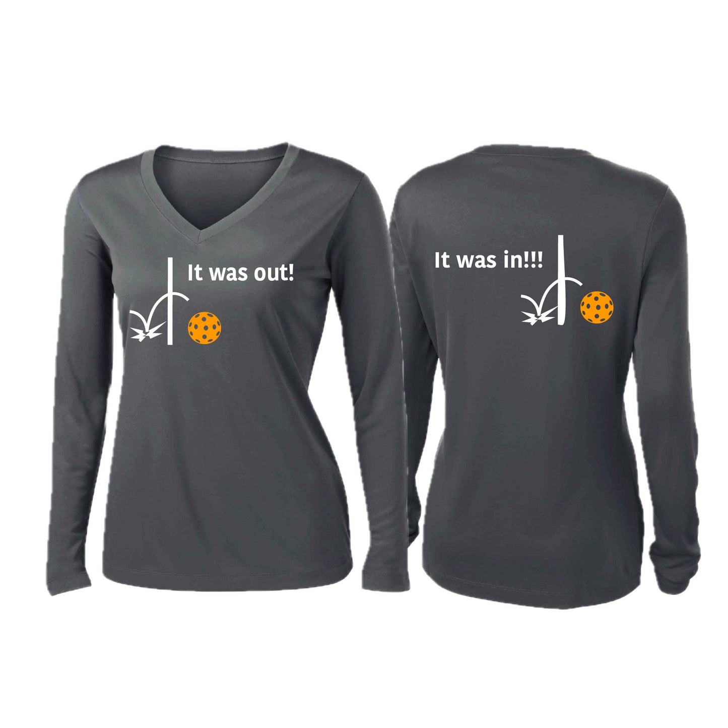It Was Out! It Was In! (Pickleballs Cyan Green Orange) | Women’s Long Sleeve V-Neck Pickleball Performance T-Shirt | 100% Polyester