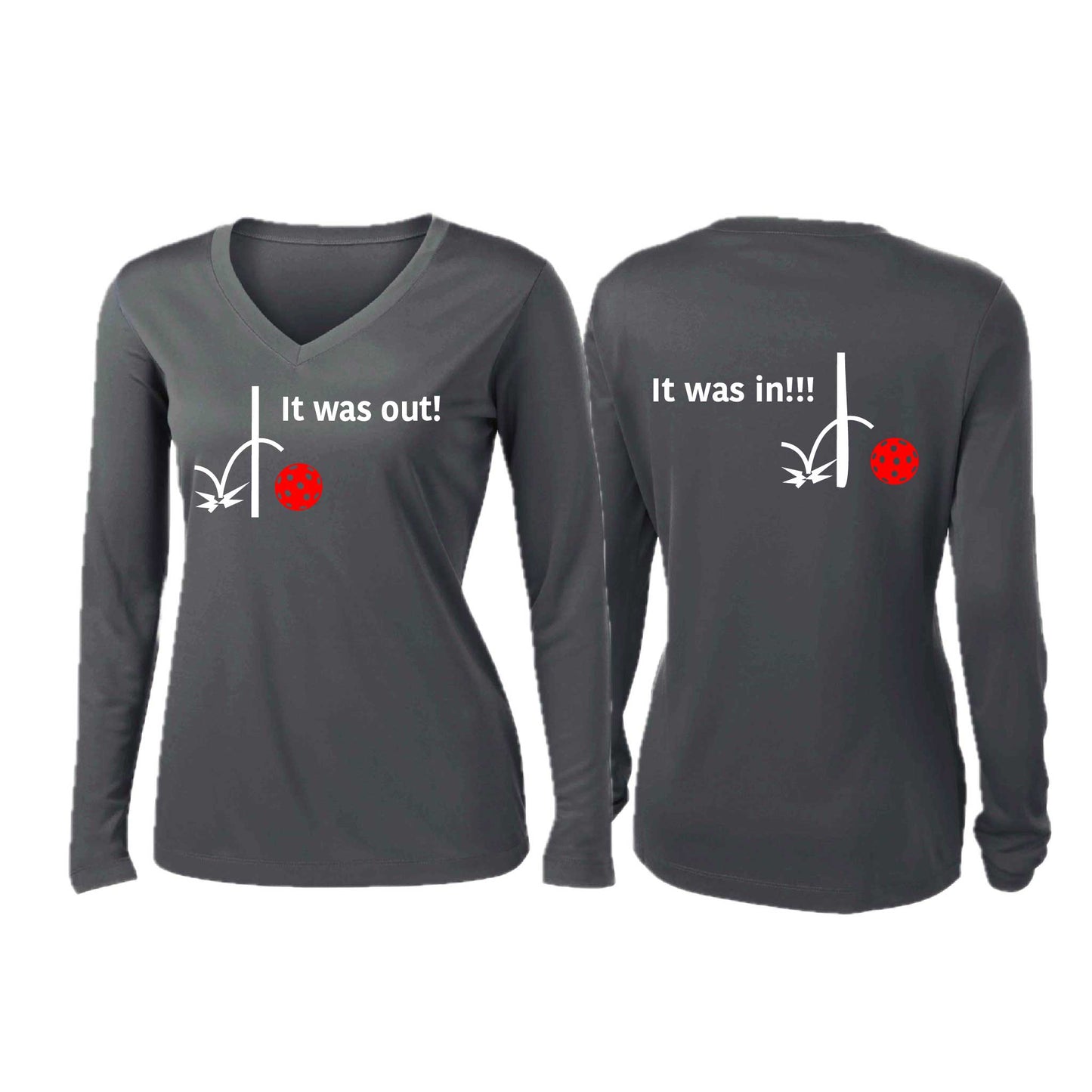 It Was Out! It Was In! (Pickleballs Red White Yellow) | Women’s Long Sleeve V-Neck Pickleball Performance T-Shirt | 100% Polyester