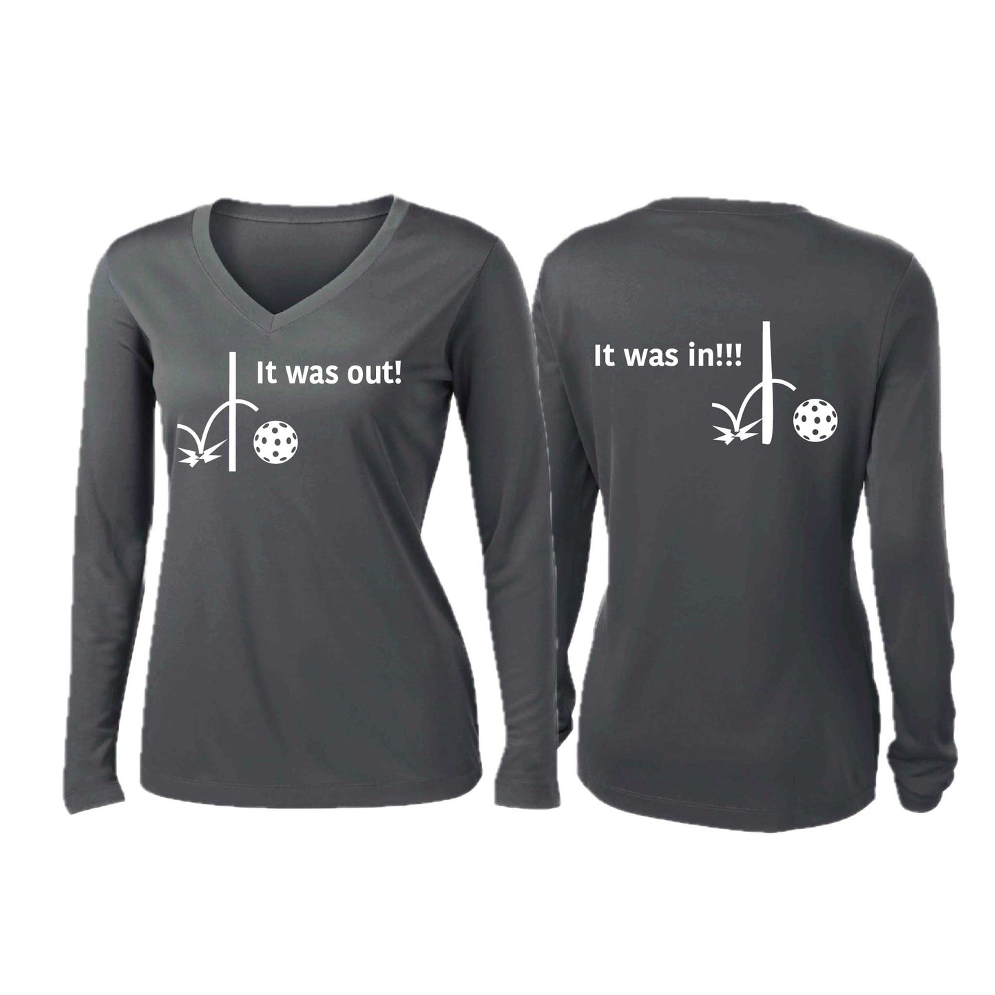 It Was Out! It Was In! (Pickleballs Red White Yellow) | Women’s Long Sleeve V-Neck Pickleball Performance T-Shirt | 100% Polyester