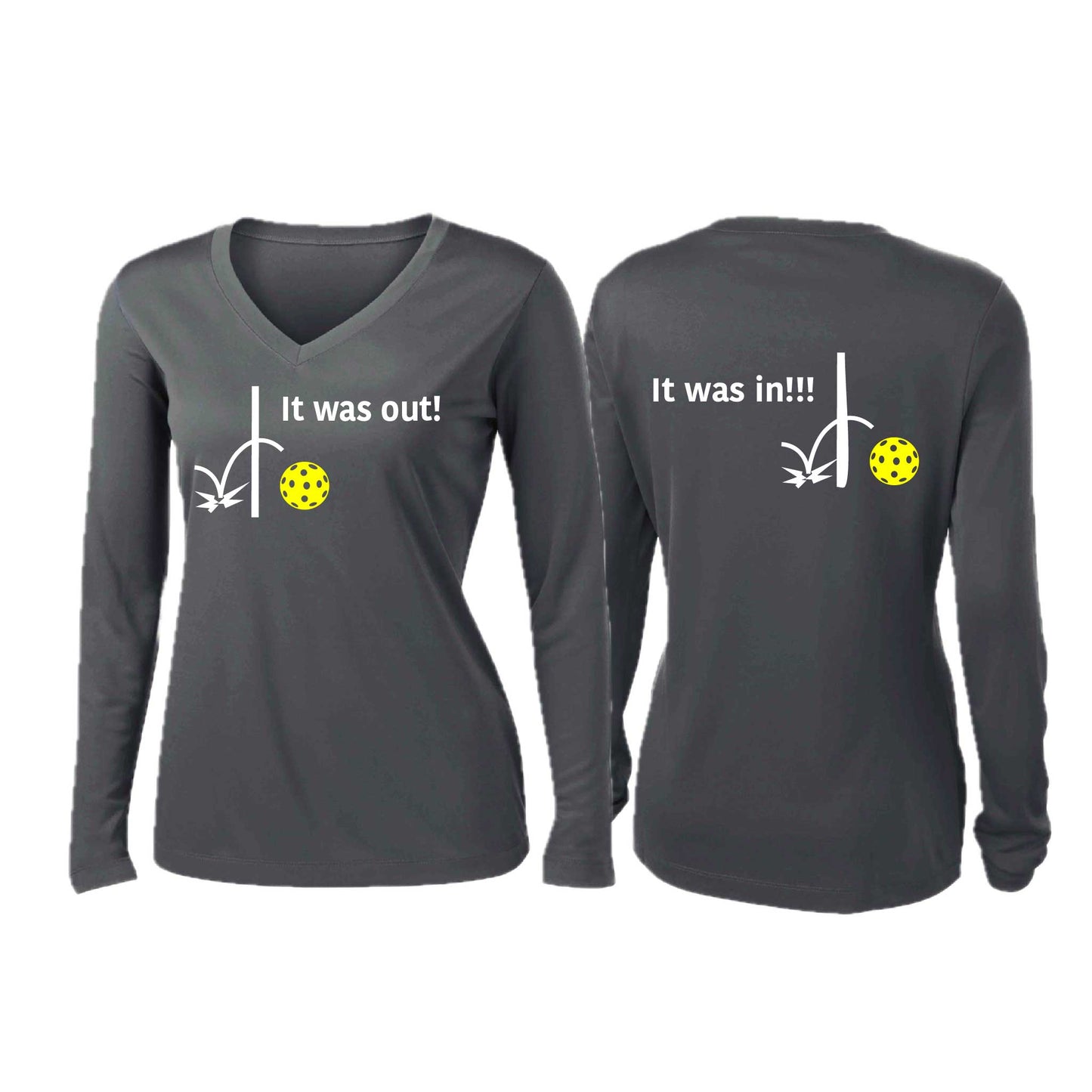 It Was Out! It Was In! (Pickleballs Red White Yellow) | Women’s Long Sleeve V-Neck Pickleball Performance T-Shirt | 100% Polyester