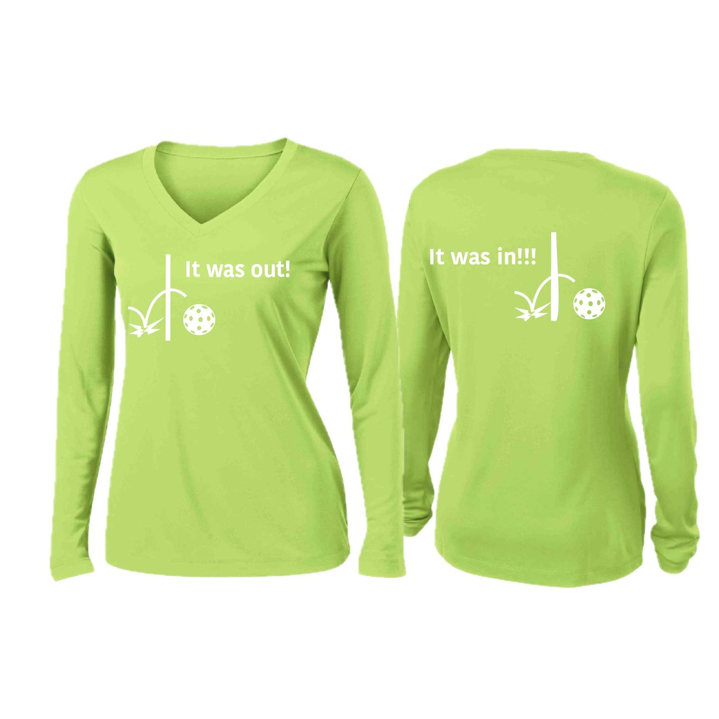 It Was Out! It Was In! (Pickleballs Red White Yellow) | Women’s Long Sleeve V-Neck Pickleball Performance T-Shirt | 100% Polyester