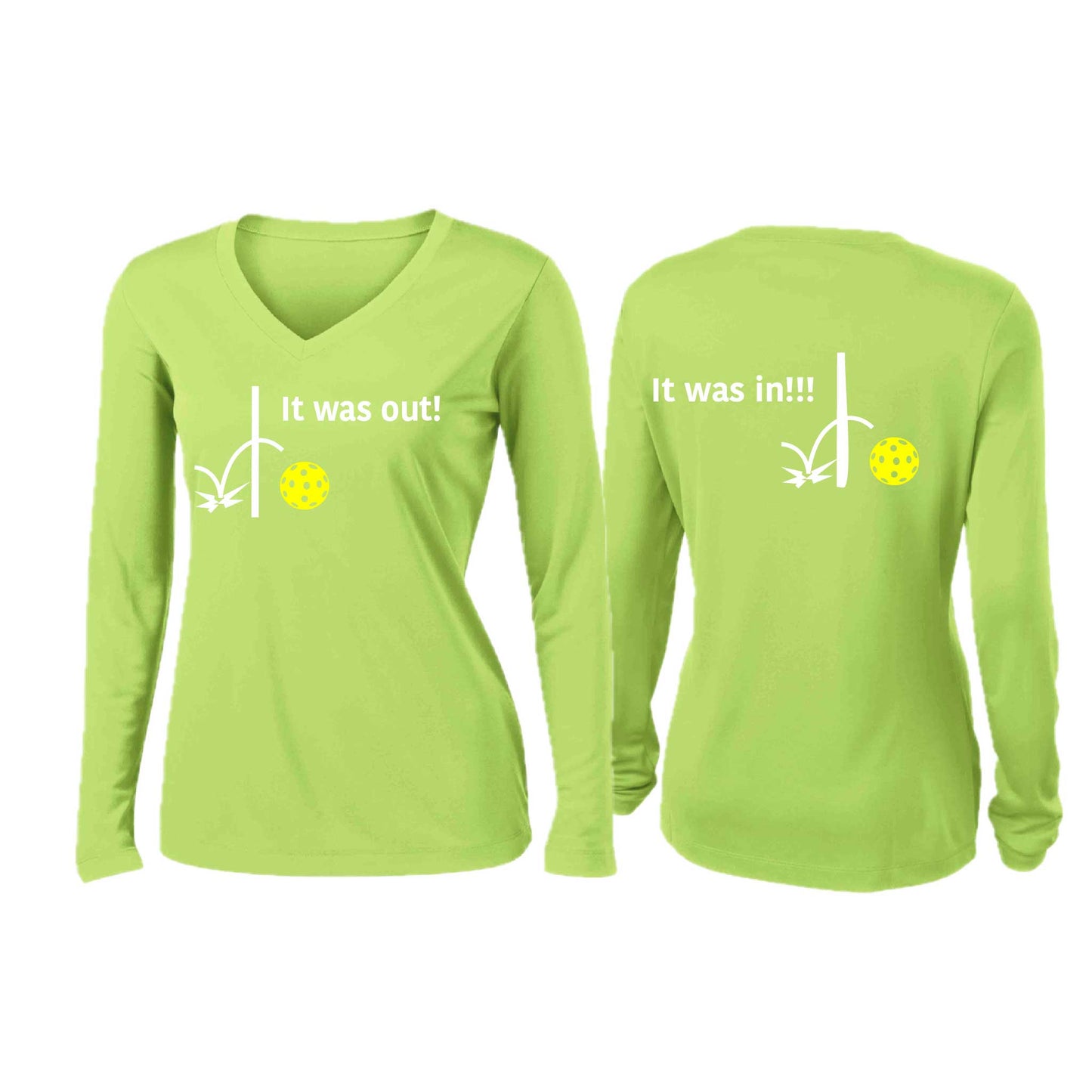 It Was Out! It Was In! (Pickleballs Red White Yellow) | Women’s Long Sleeve V-Neck Pickleball Performance T-Shirt | 100% Polyester