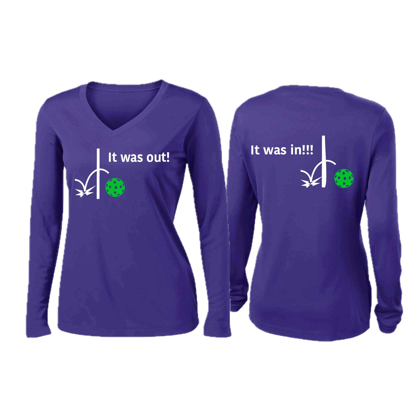 It Was Out! It Was In! (Pickleballs Cyan Green Orange) | Women’s Long Sleeve V-Neck Pickleball Performance T-Shirt | 100% Polyester