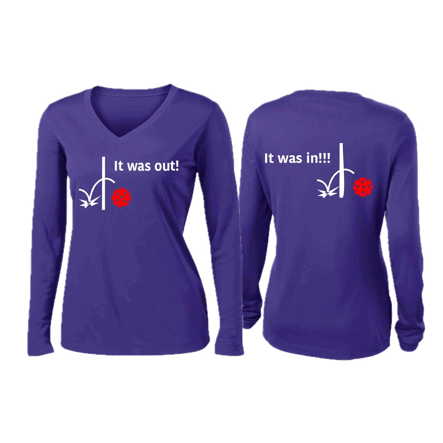 It Was Out! It Was In! (Pickleballs Red White Yellow) | Women’s Long Sleeve V-Neck Pickleball Performance T-Shirt | 100% Polyester
