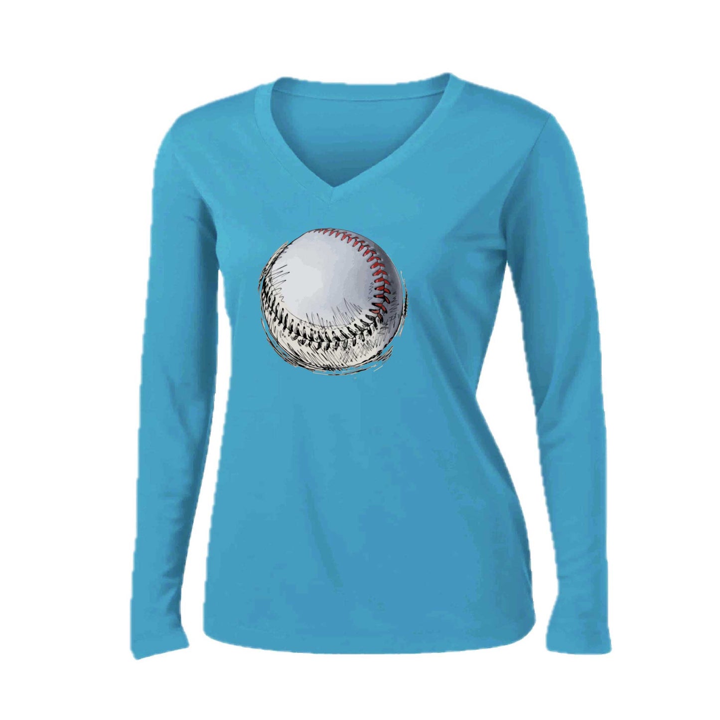 Baseball Sketched | Women’s Long Sleeve V-Neck Baseball Performance T-Shirt | 100% Polyester