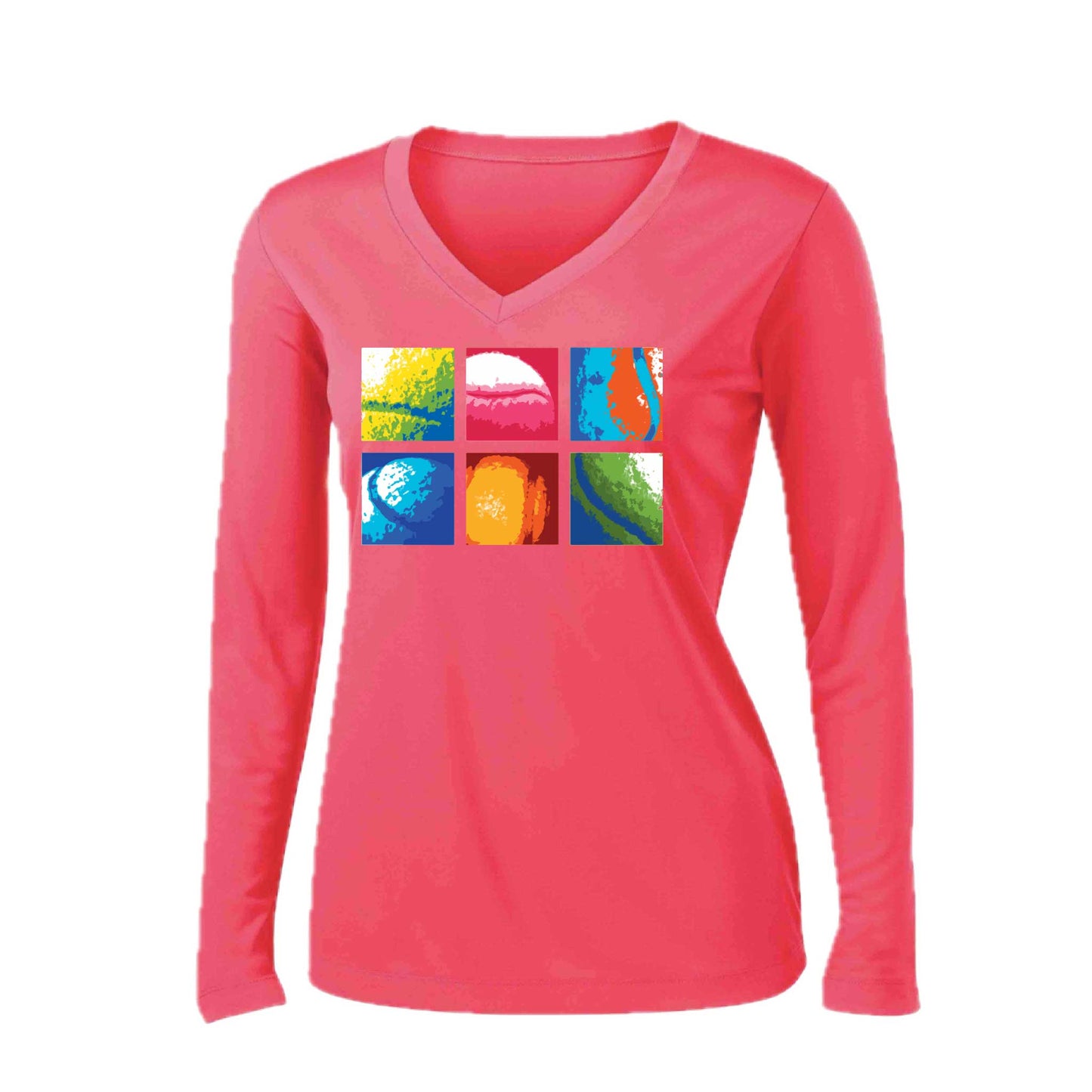 Tennis Squares | Women’s Long Sleeve V-Neck Tennis Performance T-Shirt | 100% Polyester
