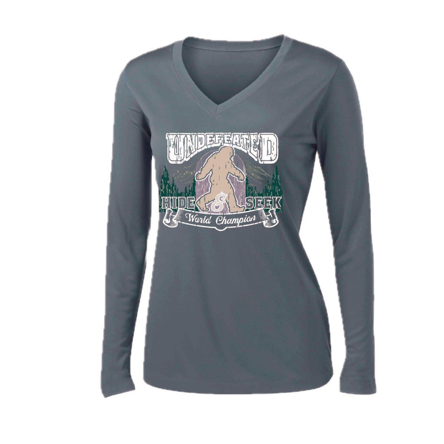 Undefeated Hide & Seek World Champion | Women’s Long Sleeve V-Neck Camping T-Shirt | 100% Polyester