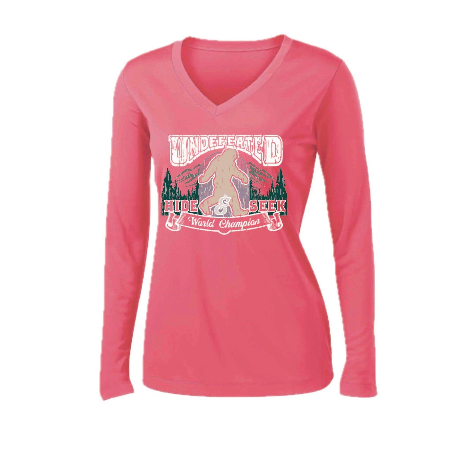 Undefeated Hide & Seek World Champion | Women’s Long Sleeve V-Neck Camping T-Shirt | 100% Polyester