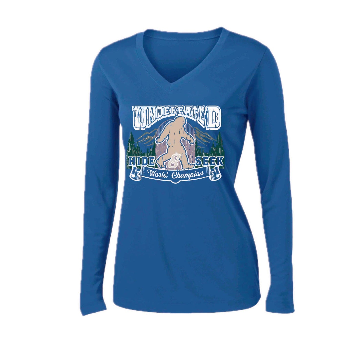Undefeated Hide & Seek World Champion | Women’s Long Sleeve V-Neck Camping T-Shirt | 100% Polyester