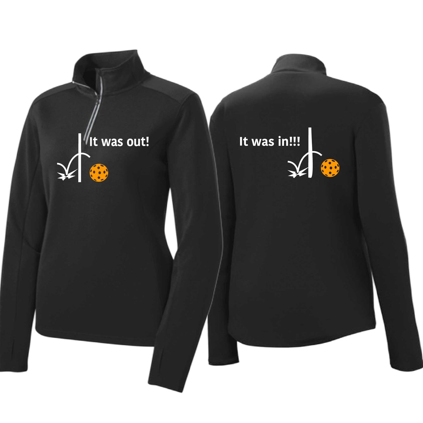 It Was Out! It Was In! (Pickleballs Cyan Green Orange) | Women's 1/4 Zip Pickleball Performance Pullover Shirt | 100% Polyester