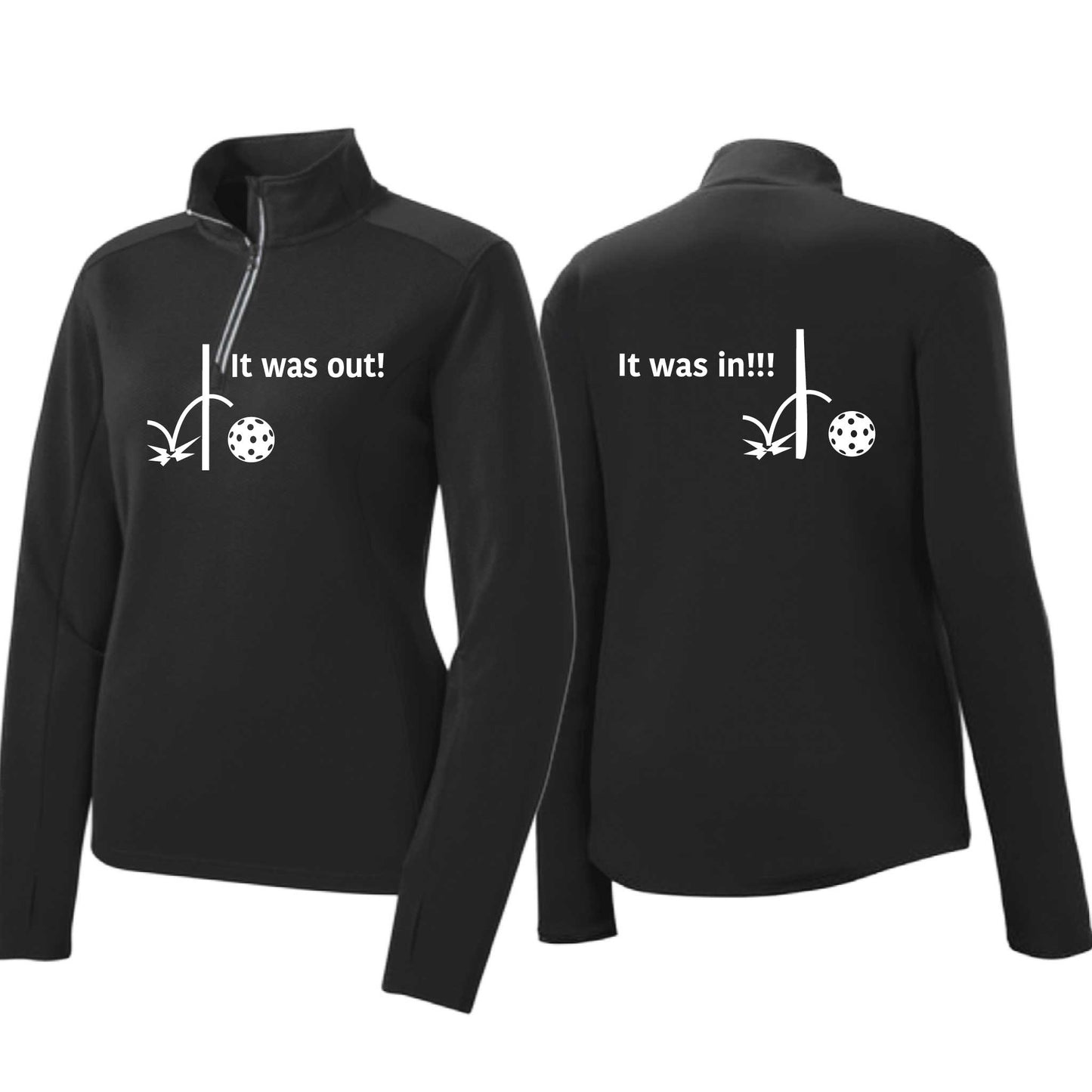 It Was Out! It Was In! (Pickleballs Red White Yellow) | Women's 1/4 Zip Pickleball Performance Pullover Shirt | 100% Polyester