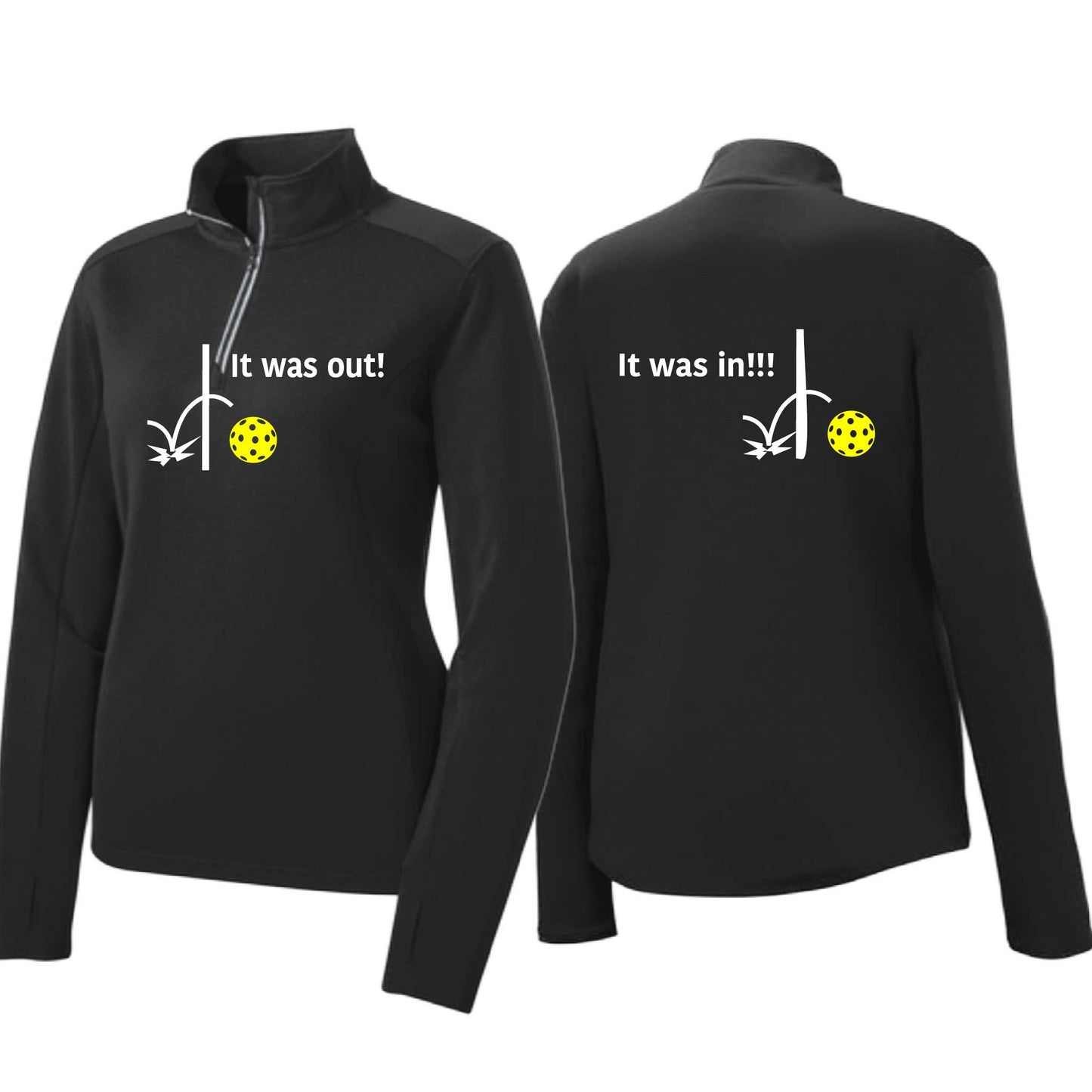 It Was Out! It Was In! (Pickleballs Red White Yellow) | Women's 1/4 Zip Pickleball Performance Pullover Shirt | 100% Polyester