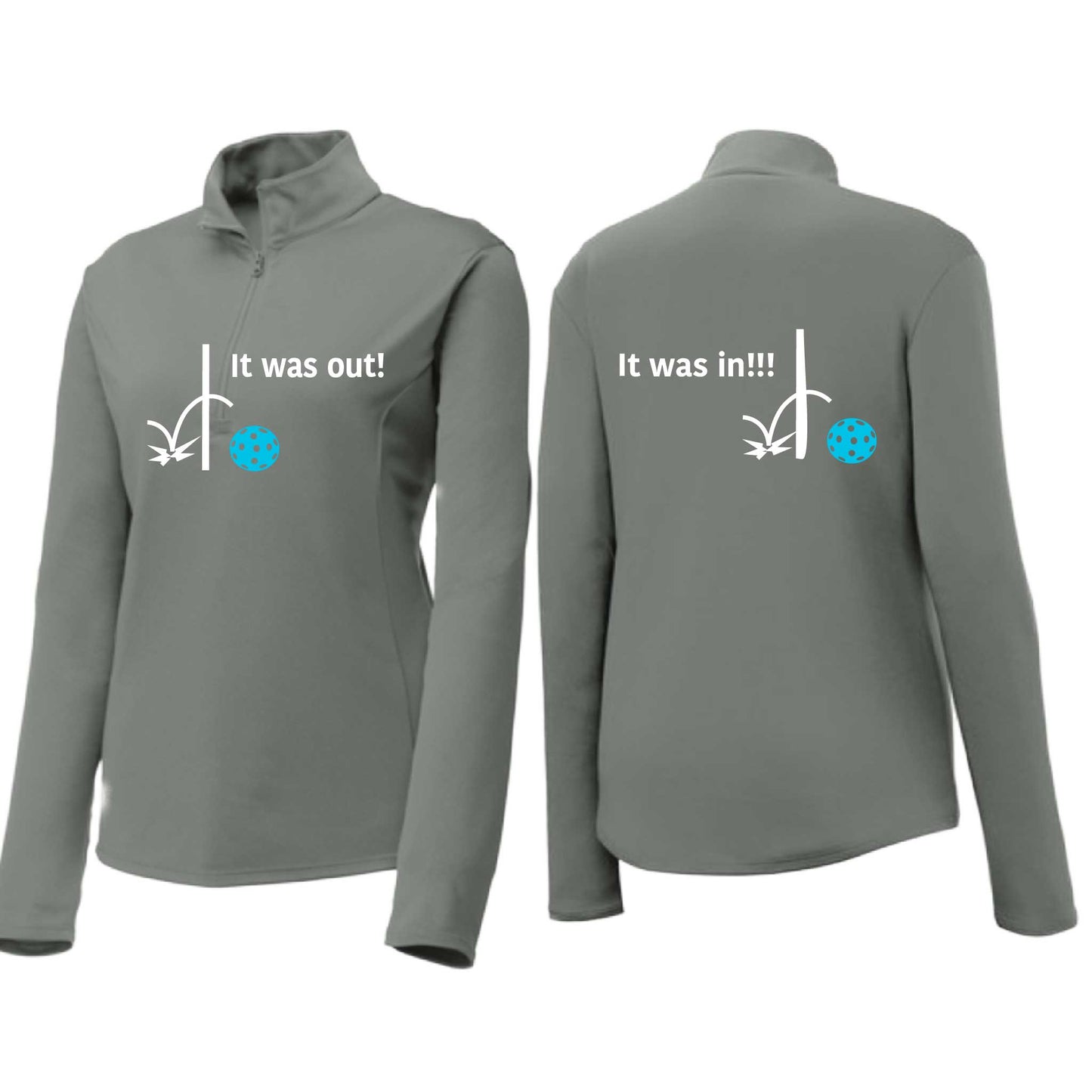 It Was Out! It Was In! (Pickleballs Cyan Green Orange) | Women's 1/4 Zip Pickleball Performance Pullover Shirt | 100% Polyester