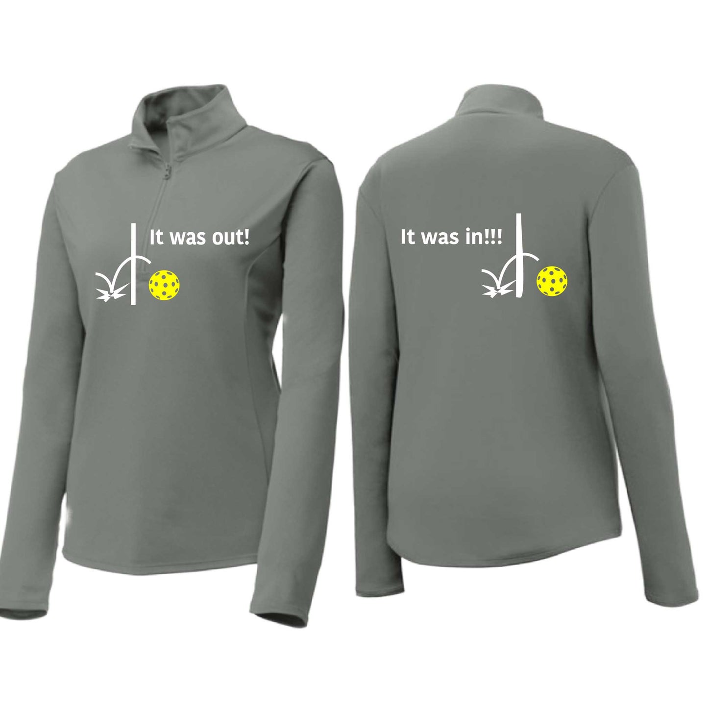 It Was Out! It Was In! (Pickleballs Red White Yellow) | Women's 1/4 Zip Pickleball Performance Pullover Shirt | 100% Polyester