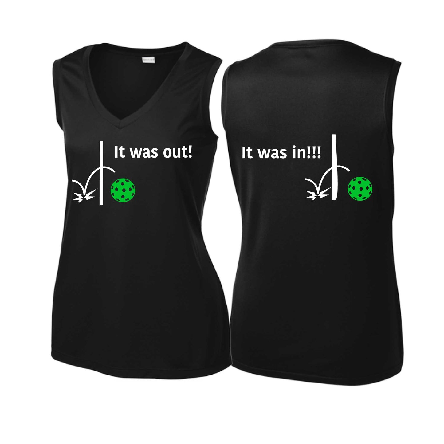 It Was Out! It Was In! (Pickleballs Cyan Green Orange) | Women’s Sleeveless Athletic Performance T-Shirt | 100% Polyester
