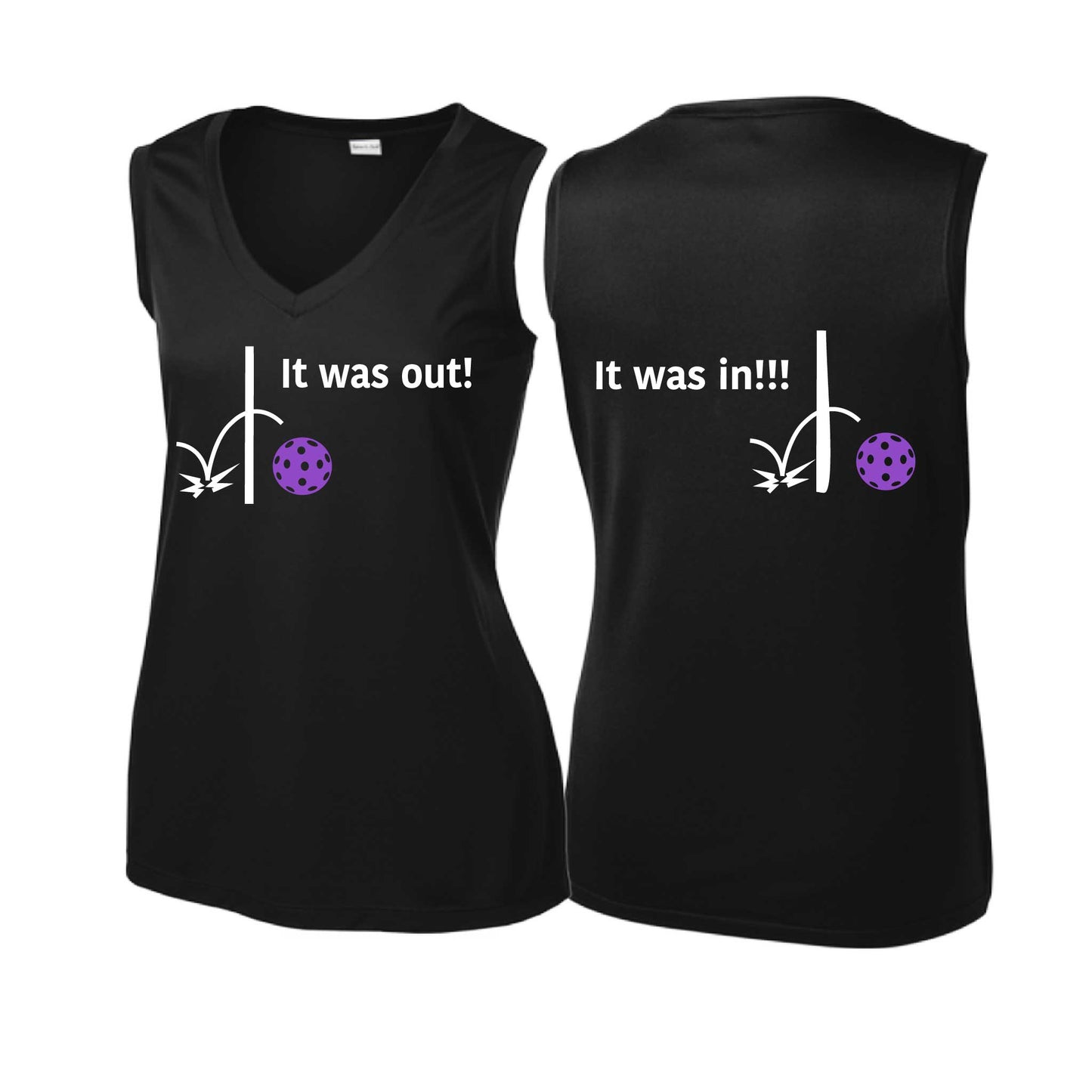 It Was Out! It Was In! (Pickleballs Pink Purple Rainbow) | Women’s Sleeveless Athletic Performance T-Shirt | 100% Polyester