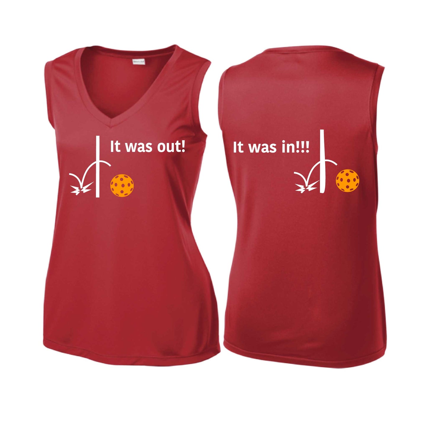 It Was Out! It Was In! (Pickleballs Cyan Green Orange) | Women’s Sleeveless Athletic Performance T-Shirt | 100% Polyester