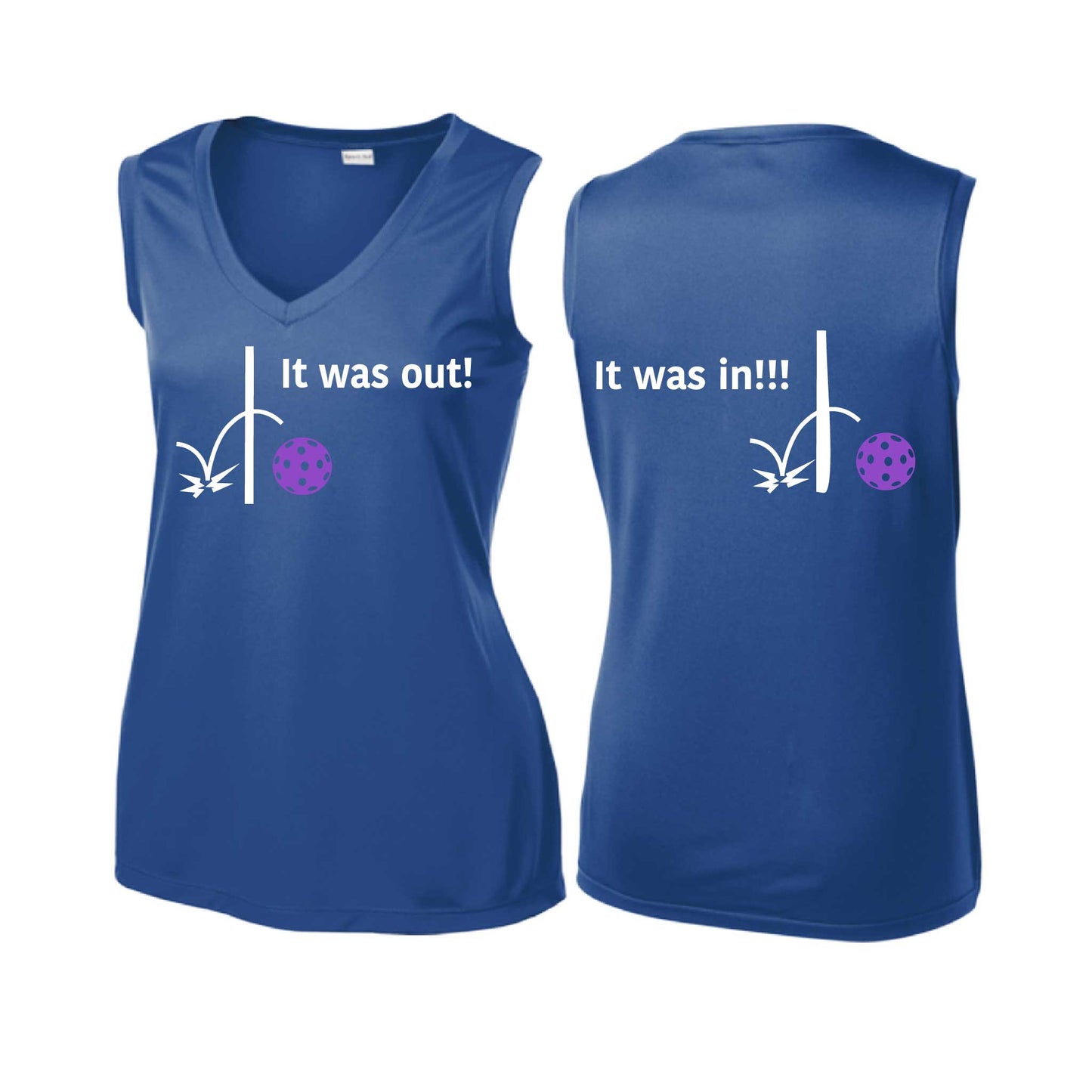 It Was Out! It Was In! (Pickleballs Pink Purple Rainbow) | Women’s Sleeveless Athletic Performance T-Shirt | 100% Polyester