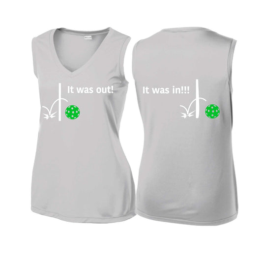 It Was Out! It Was In! (Pickleballs Cyan Green Orange) | Women’s Sleeveless Athletic Performance T-Shirt | 100% Polyester