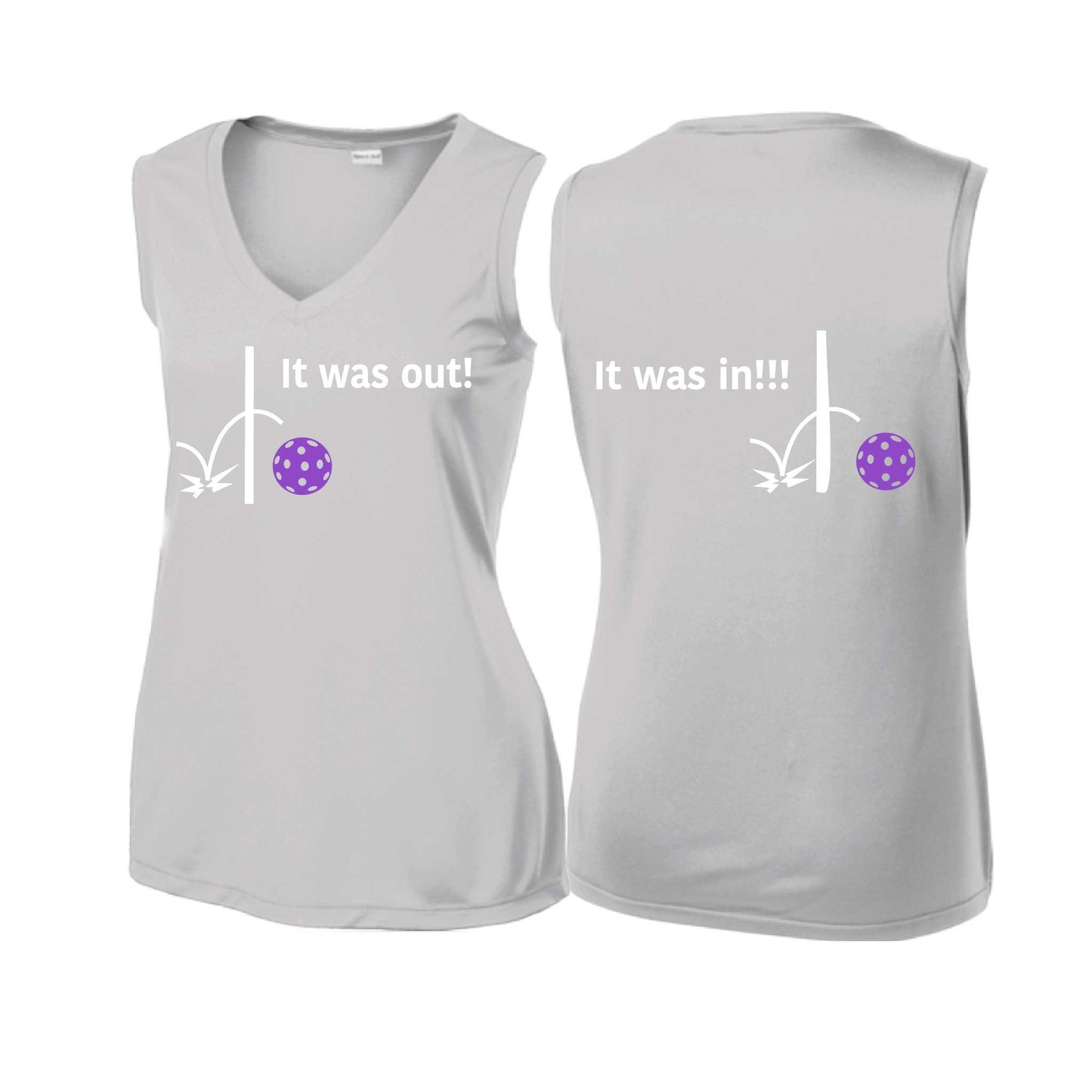 It Was Out! It Was In! (Pickleballs Pink Purple Rainbow) | Women’s Sleeveless Athletic Performance T-Shirt | 100% Polyester