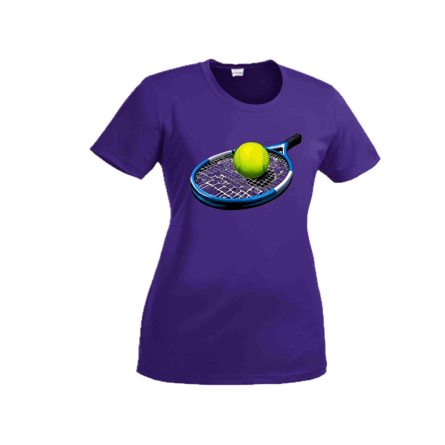 Tennis Racquet and Ball | Women’s Short Sleeve Crewneck Tennis T-Shirts | 100% Polyester