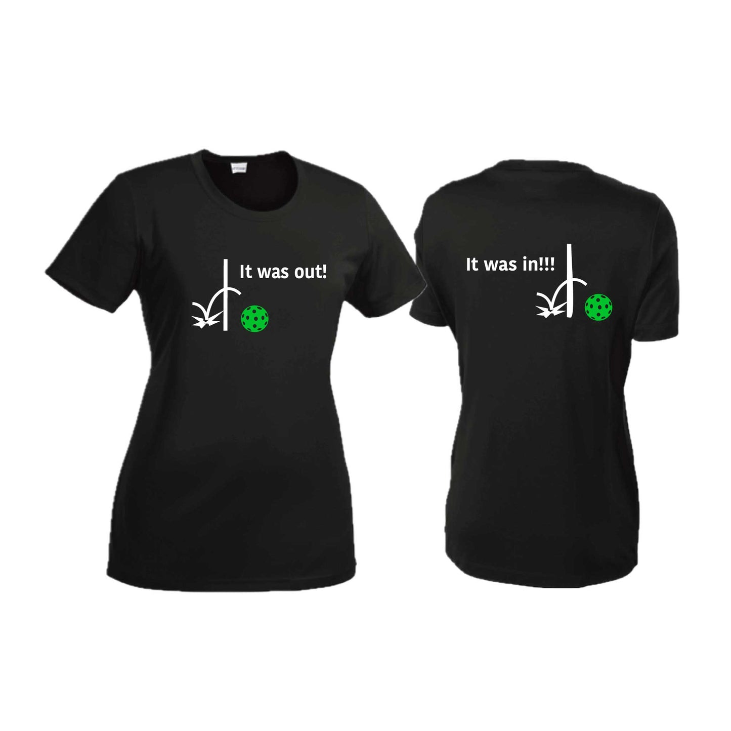 It Was Out! It Was In! (Pickleballs Cyan Green Orange) | Women’s Short Sleeve Crewneck Pickleball T-Shirts | 100% Polyester