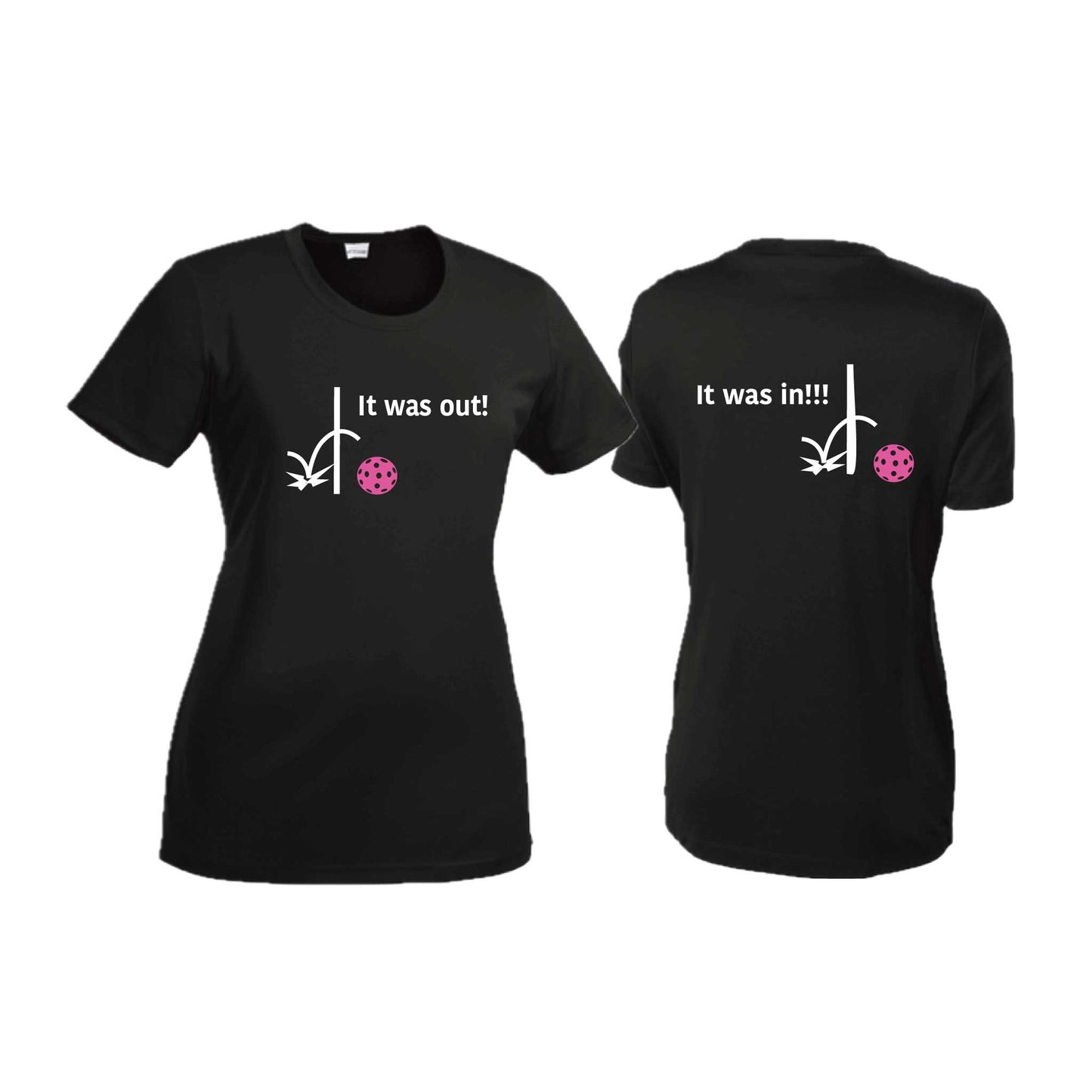It Was Out! It Was In! (Pickleballs Pink Purple Rainbow) | Women’s Short Sleeve Crewneck Pickleball T-Shirts | 100% Polyester