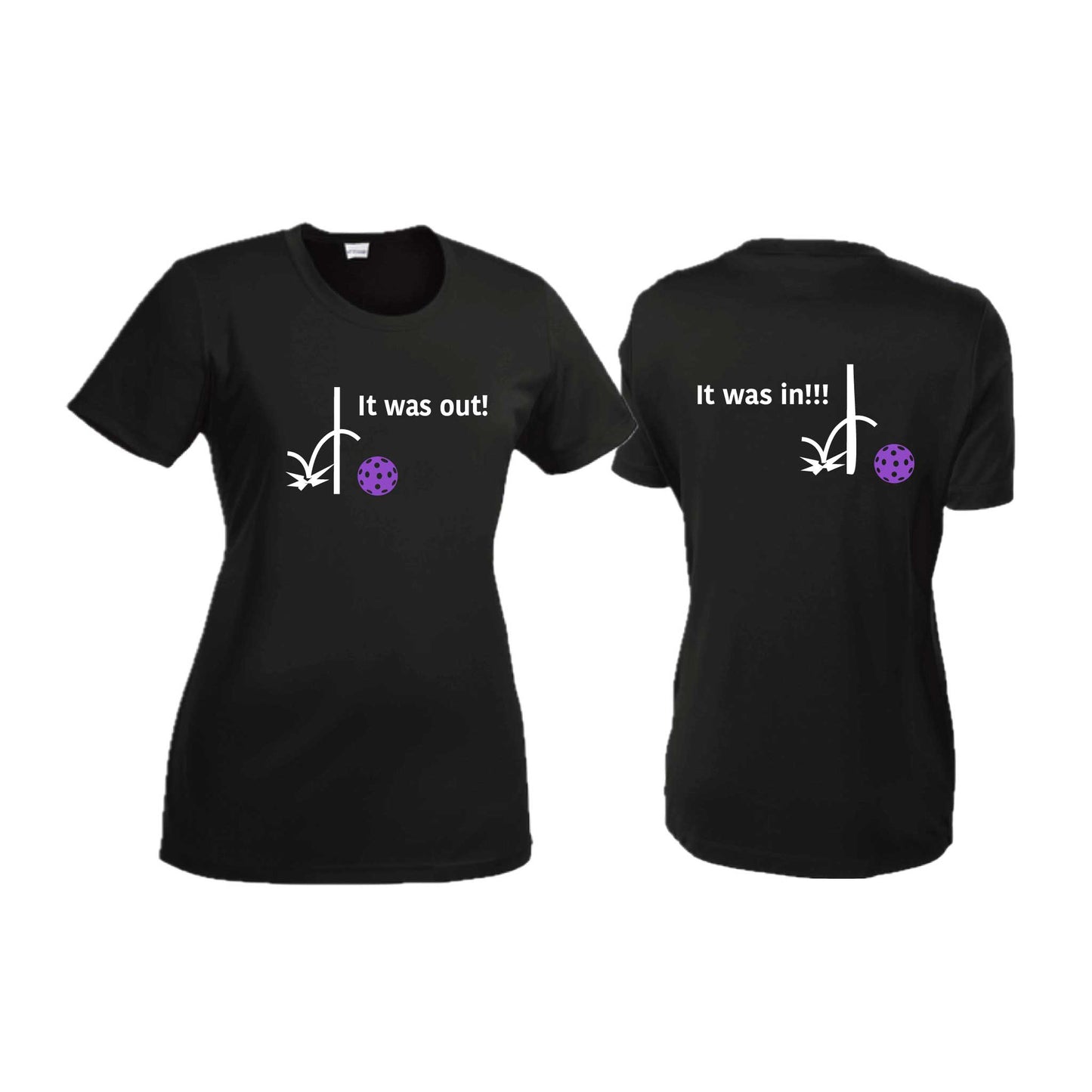 It Was Out! It Was In! (Pickleballs Pink Purple Rainbow) | Women’s Short Sleeve Crewneck Pickleball T-Shirts | 100% Polyester