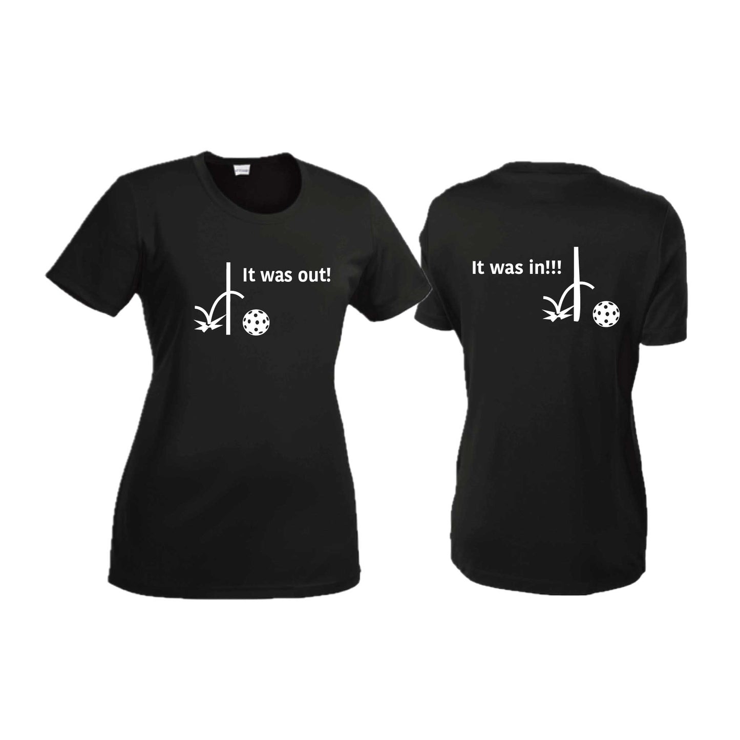 It Was Out! It Was In! (Pickleballs Red White Yellow) | Women’s Short Sleeve Crewneck Pickleball T-Shirts | 100% Polyester
