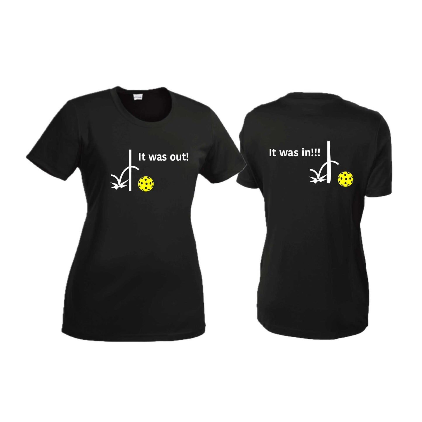 It Was Out! It Was In! (Pickleballs Red White Yellow) | Women’s Short Sleeve Crewneck Pickleball T-Shirts | 100% Polyester