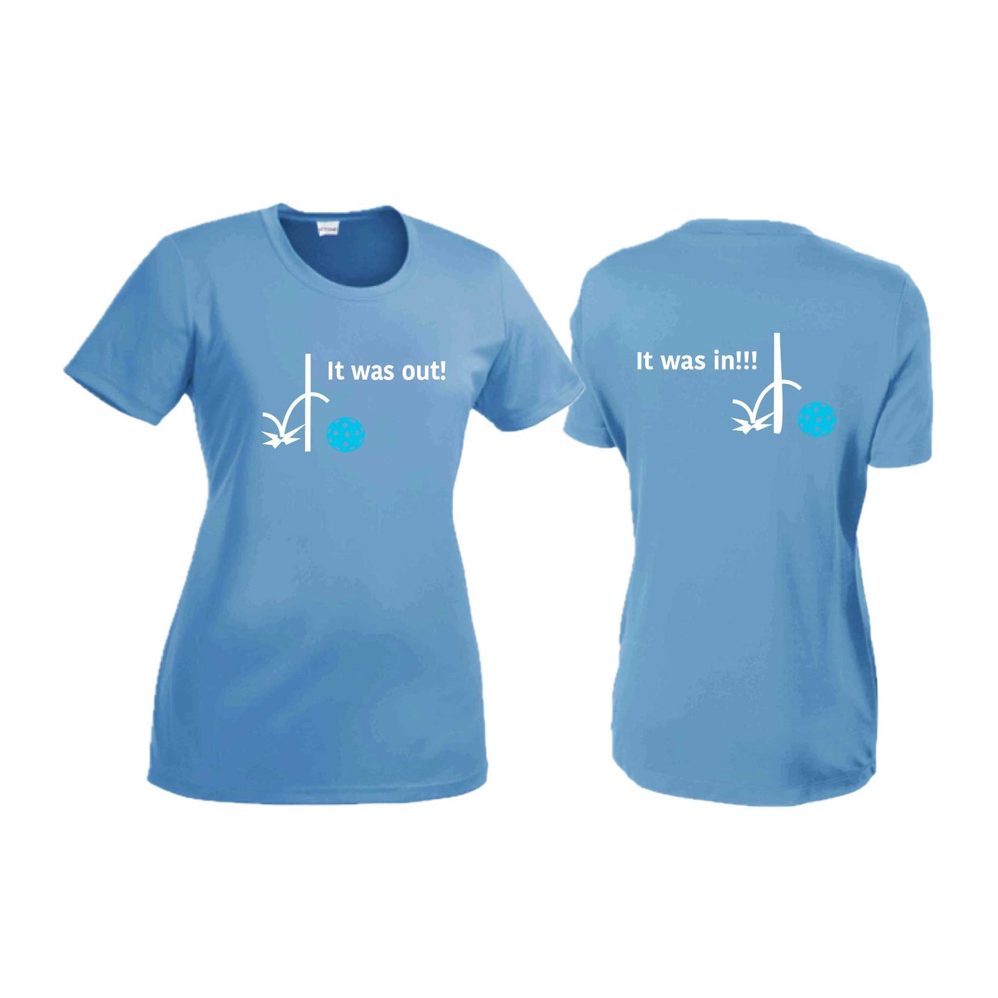 It Was Out! It Was In! (Pickleballs Cyan Green Orange) | Women’s Short Sleeve Crewneck Pickleball T-Shirts | 100% Polyester