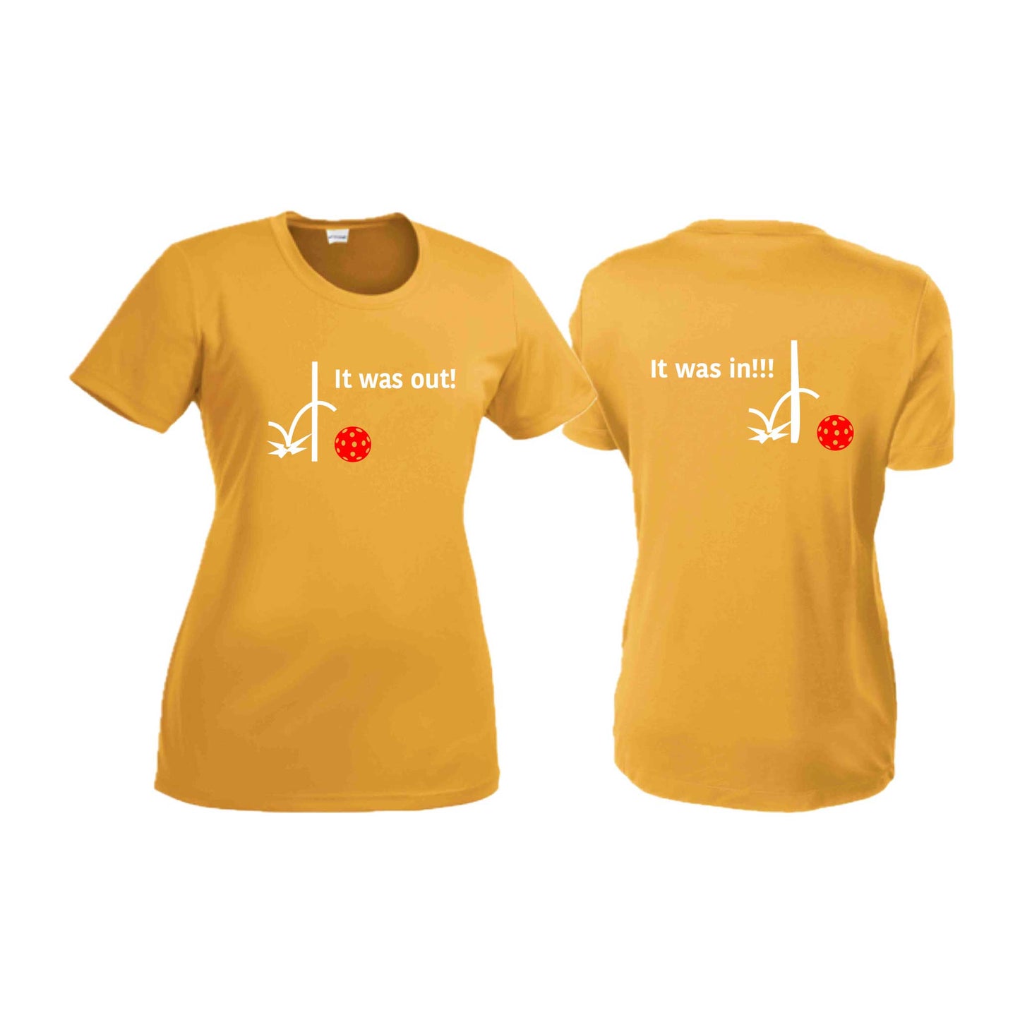 It Was Out! It Was In! (Pickleballs Red White Yellow) | Women’s Short Sleeve Crewneck Pickleball T-Shirts | 100% Polyester