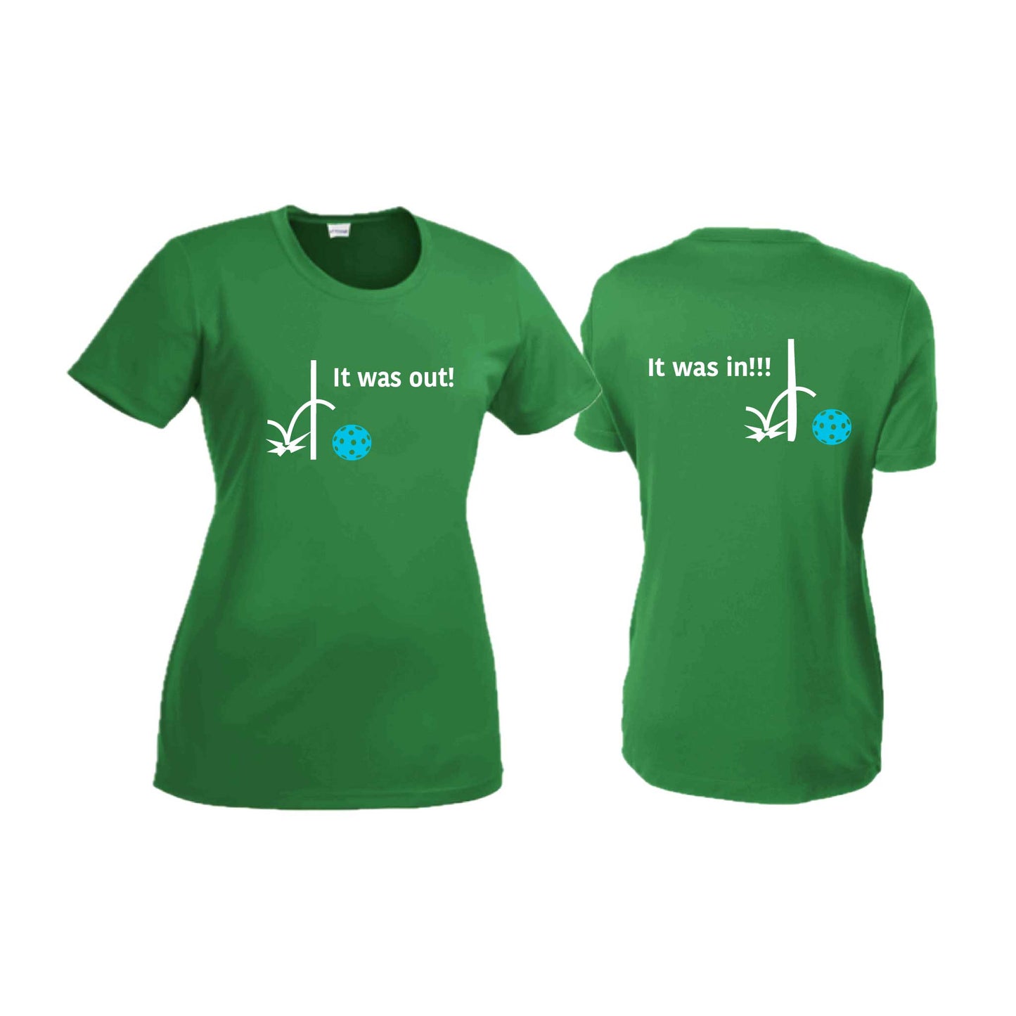 It Was Out! It Was In! (Pickleballs Cyan Green Orange) | Women’s Short Sleeve Crewneck Pickleball T-Shirts | 100% Polyester