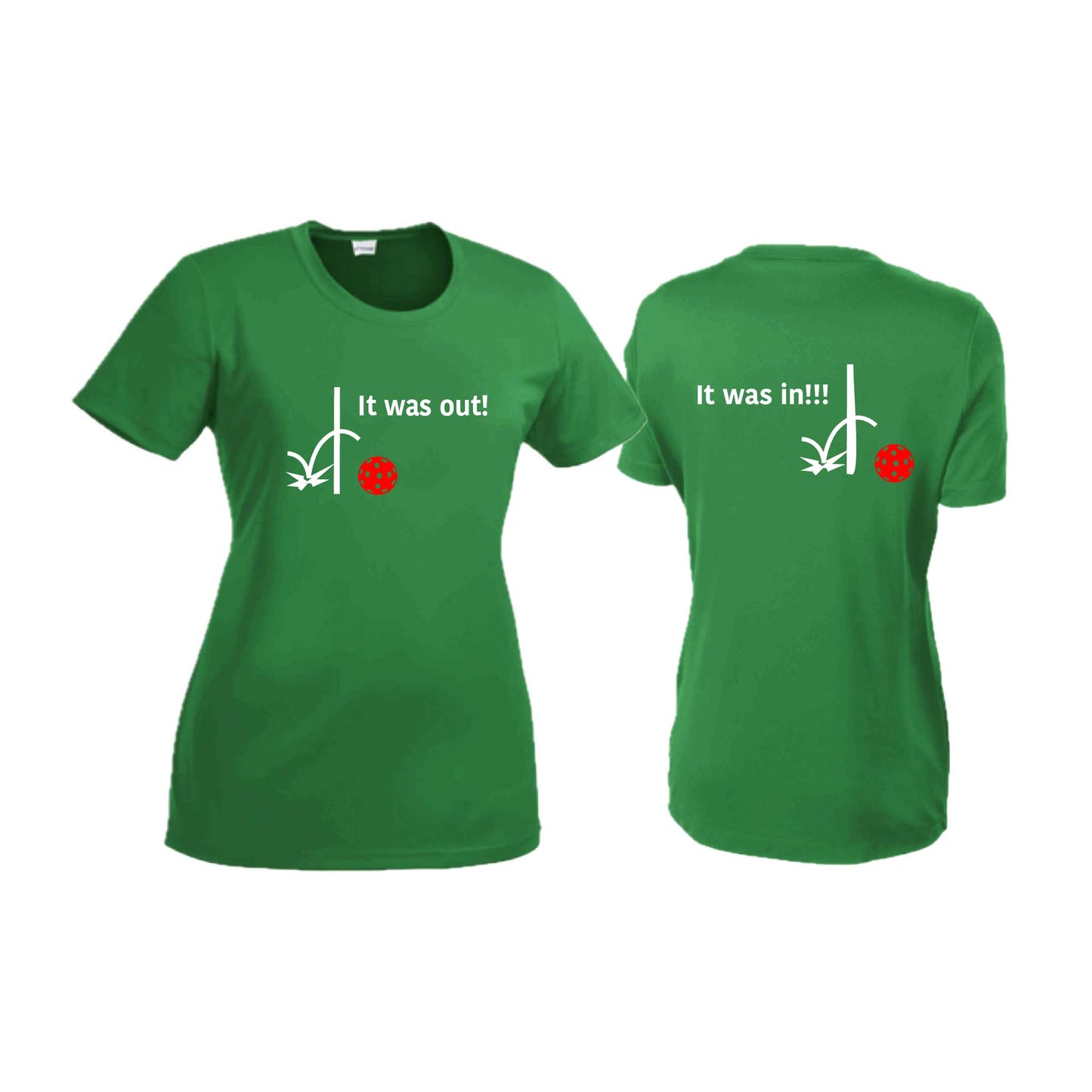 It Was Out! It Was In! (Pickleballs Red White Yellow) | Women’s Short Sleeve Crewneck Pickleball T-Shirts | 100% Polyester