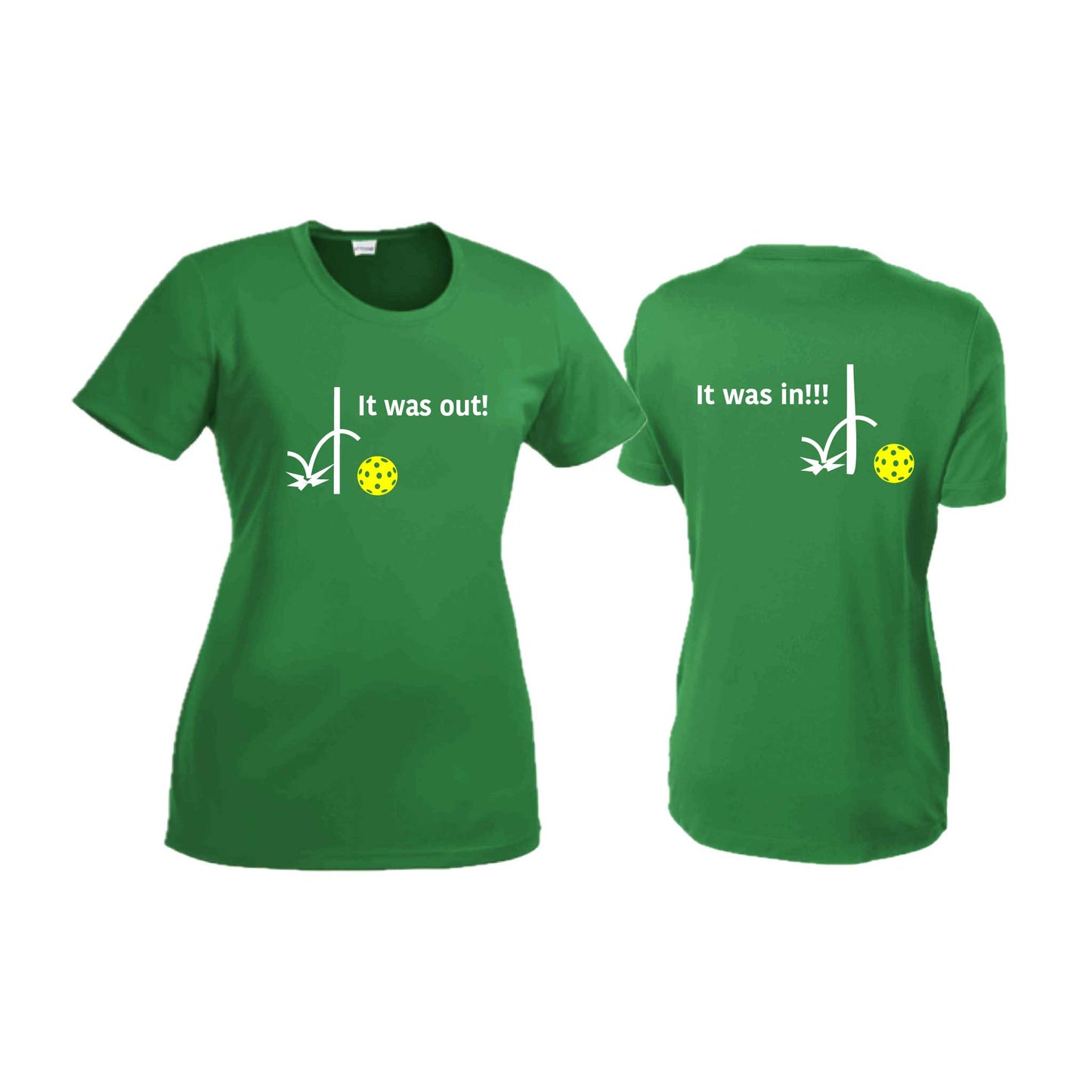 It Was Out! It Was In! (Pickleballs Red White Yellow) | Women’s Short Sleeve Crewneck Pickleball T-Shirts | 100% Polyester