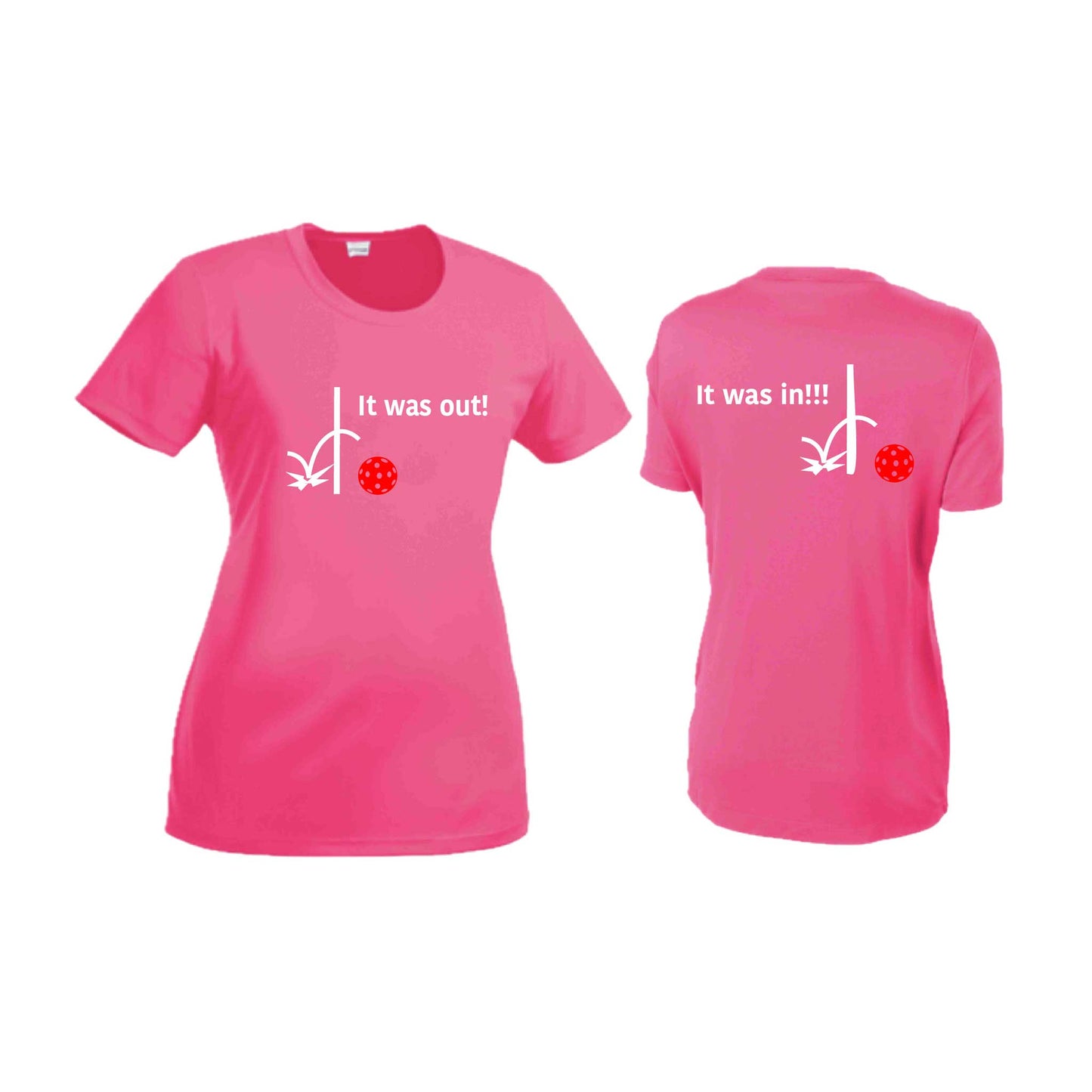 It Was Out! It Was In! (Pickleballs Red White Yellow) | Women’s Short Sleeve Crewneck Pickleball T-Shirts | 100% Polyester