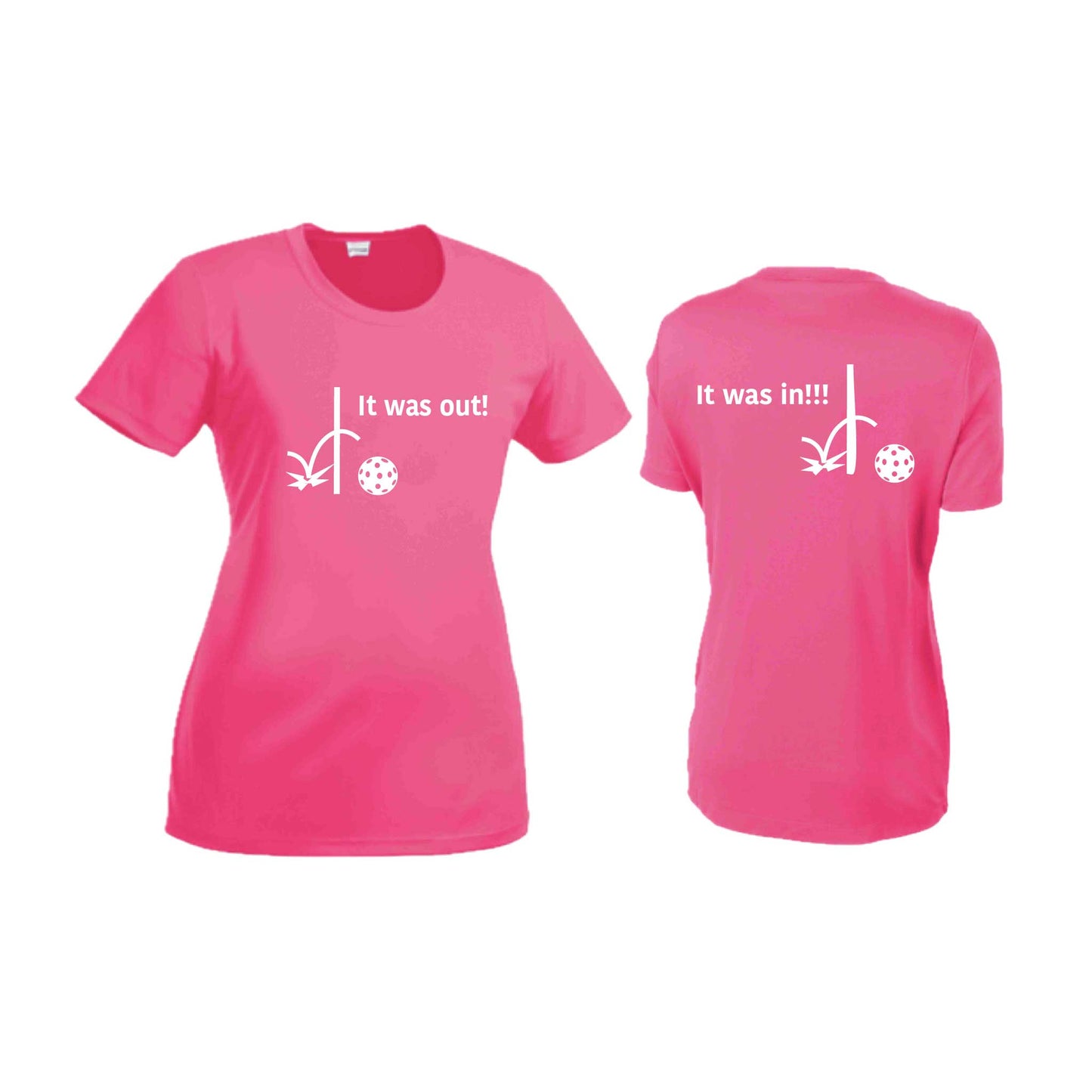 It Was Out! It Was In! (Pickleballs Red White Yellow) | Women’s Short Sleeve Crewneck Pickleball T-Shirts | 100% Polyester