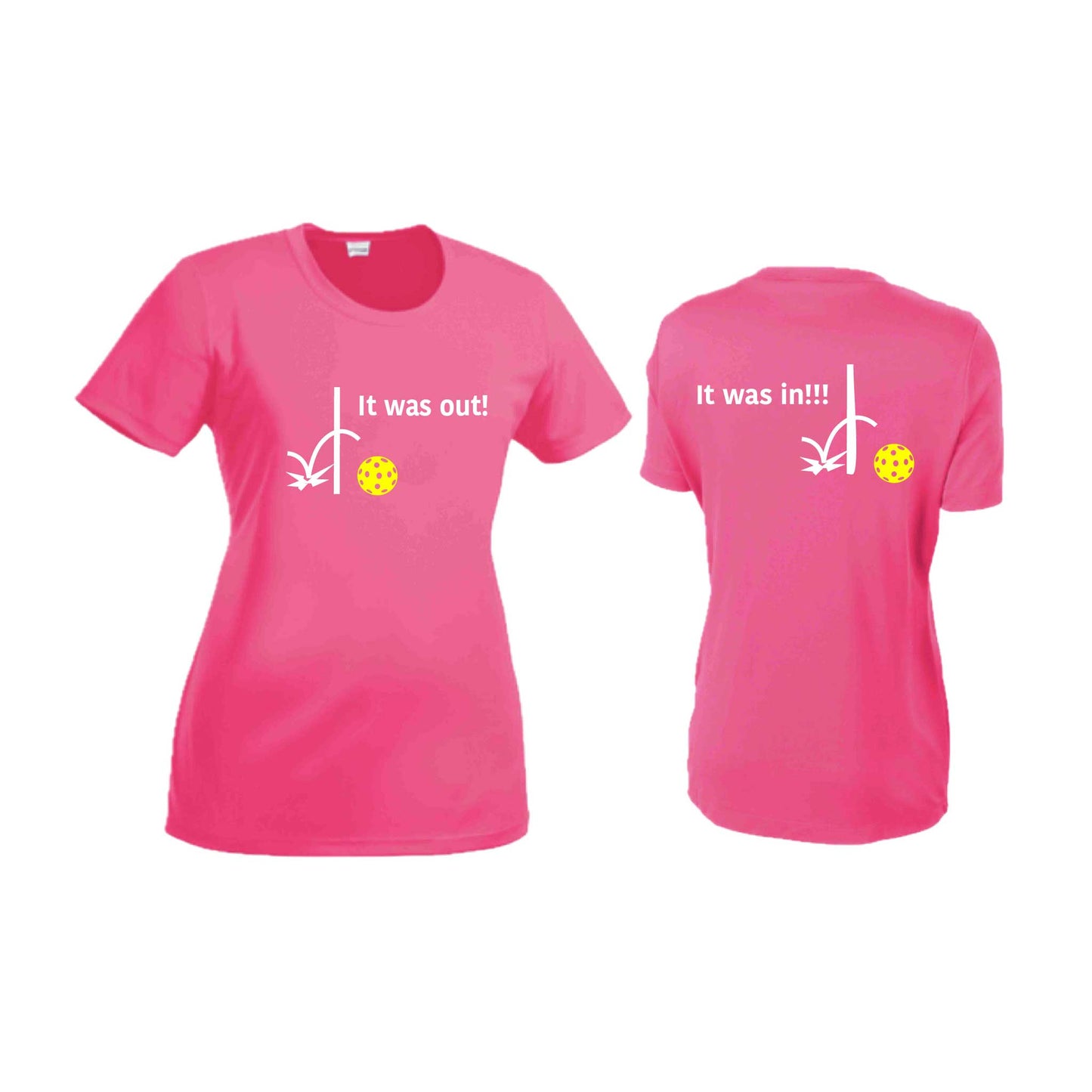It Was Out! It Was In! (Pickleballs Red White Yellow) | Women’s Short Sleeve Crewneck Pickleball T-Shirts | 100% Polyester