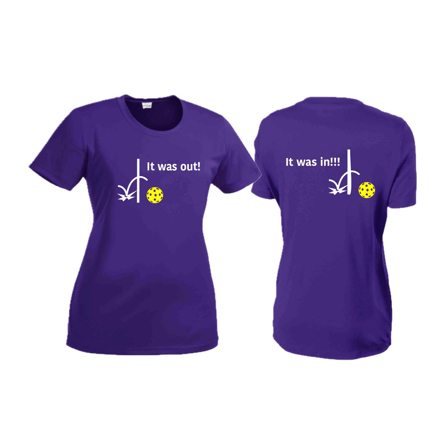 It Was Out! It Was In! (Pickleballs Red White Yellow) | Women’s Short Sleeve Crewneck Pickleball T-Shirts | 100% Polyester