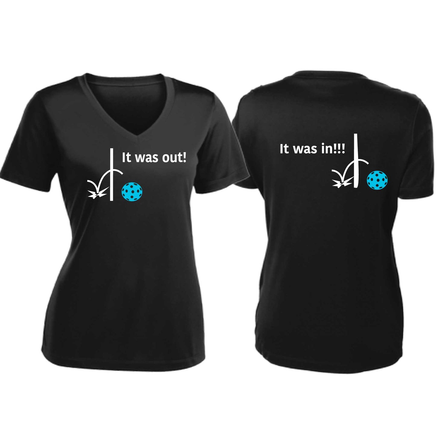 It Was Out! It Was In! (Pickleballs Cyan Green Orange) | Women's Short Sleeve V-Neck Pickleball T-Shirts | 100% Polyester