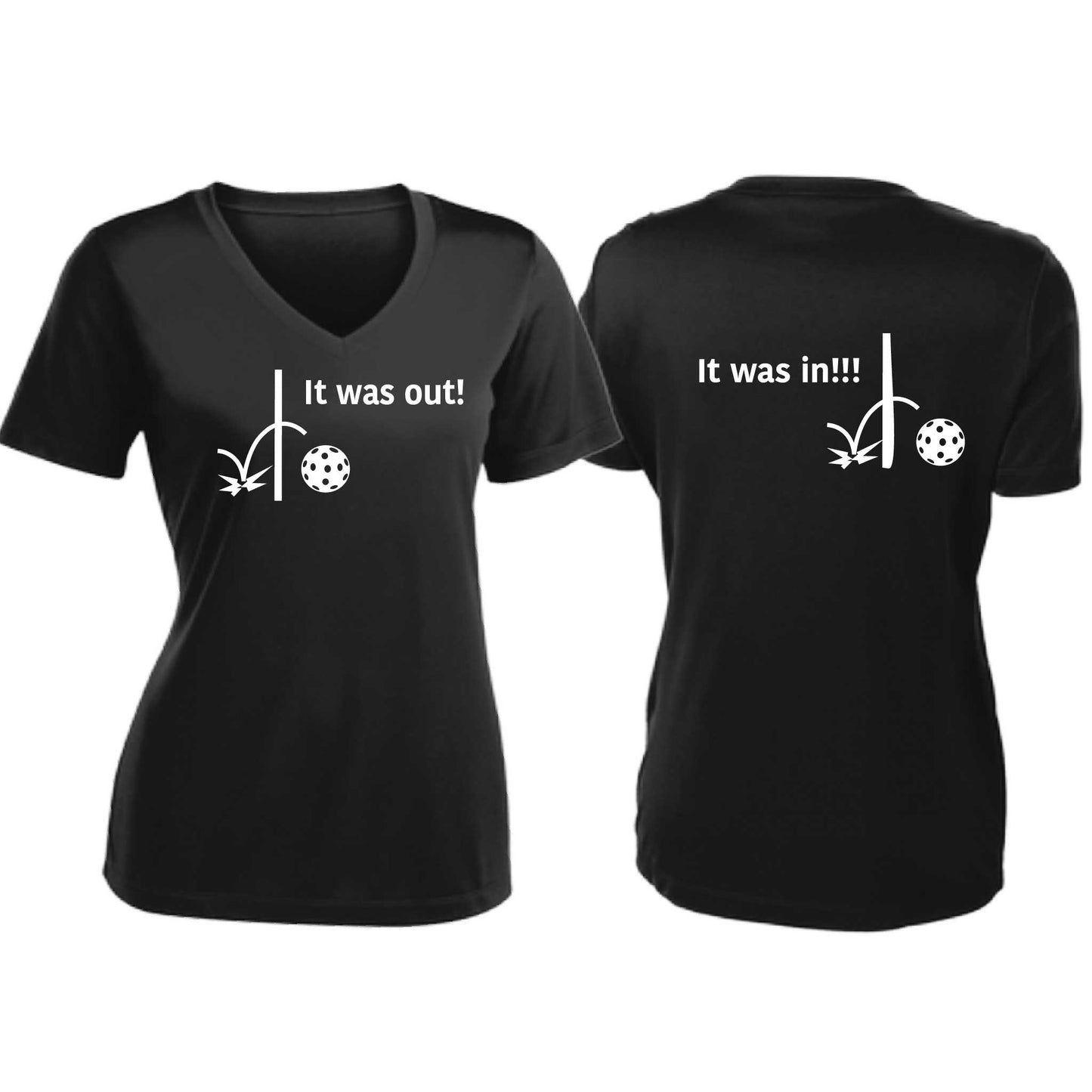 It Was Out! It Was In! (Pickleballs Red White Yellow) | Women's Short Sleeve V-Neck Pickleball T-Shirts | 100% Polyester