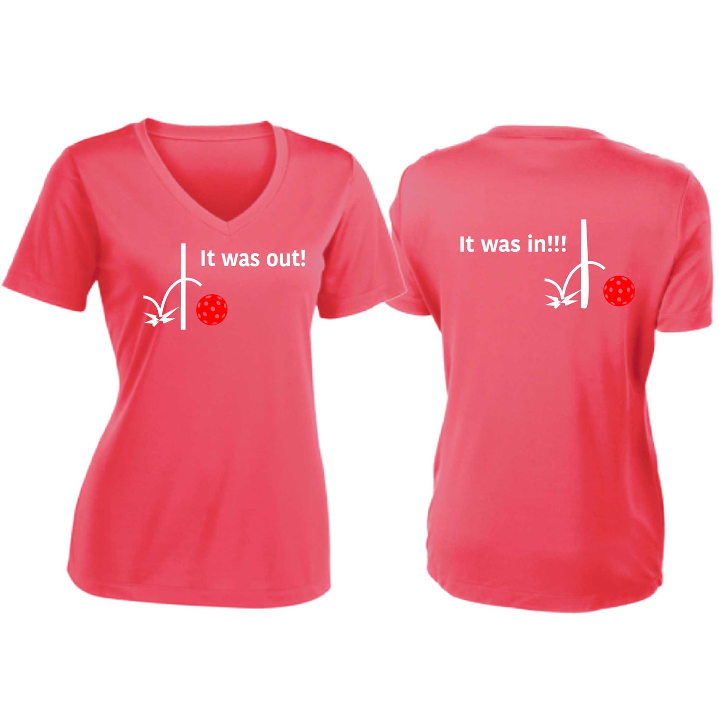 It Was Out! It Was In! (Pickleballs Red White Yellow) | Women's Short Sleeve V-Neck Pickleball T-Shirts | 100% Polyester