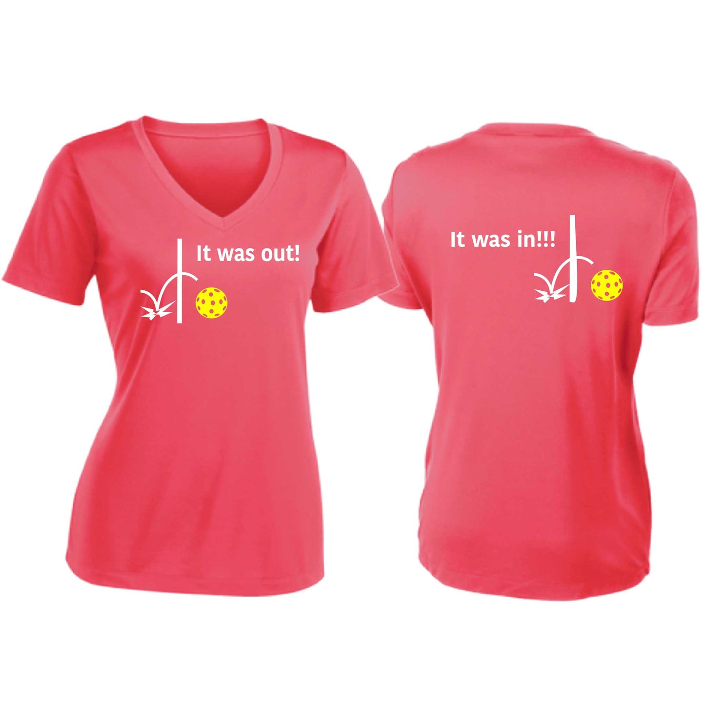 It Was Out! It Was In! (Pickleballs Red White Yellow) | Women's Short Sleeve V-Neck Pickleball T-Shirts | 100% Polyester