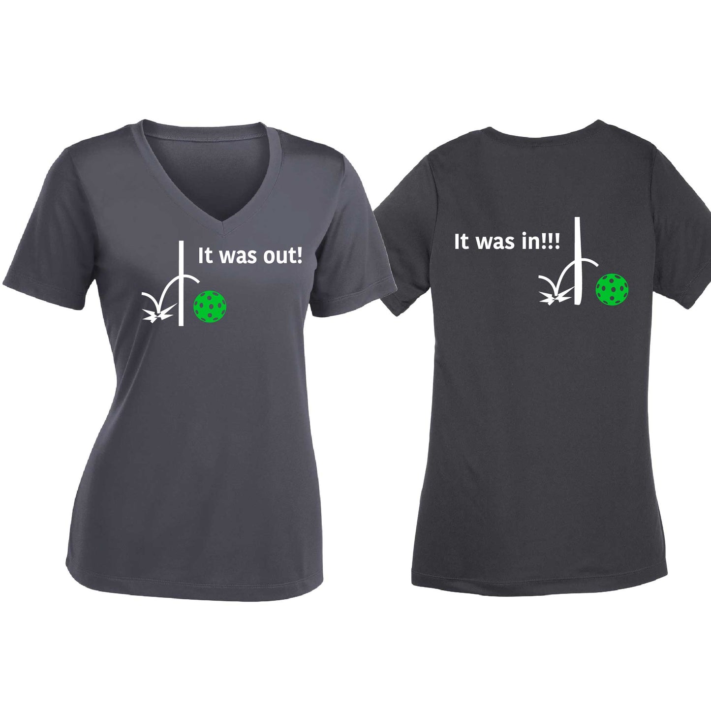 It Was Out! It Was In! (Pickleballs Cyan Green Orange) | Women's Short Sleeve V-Neck Pickleball T-Shirts | 100% Polyester