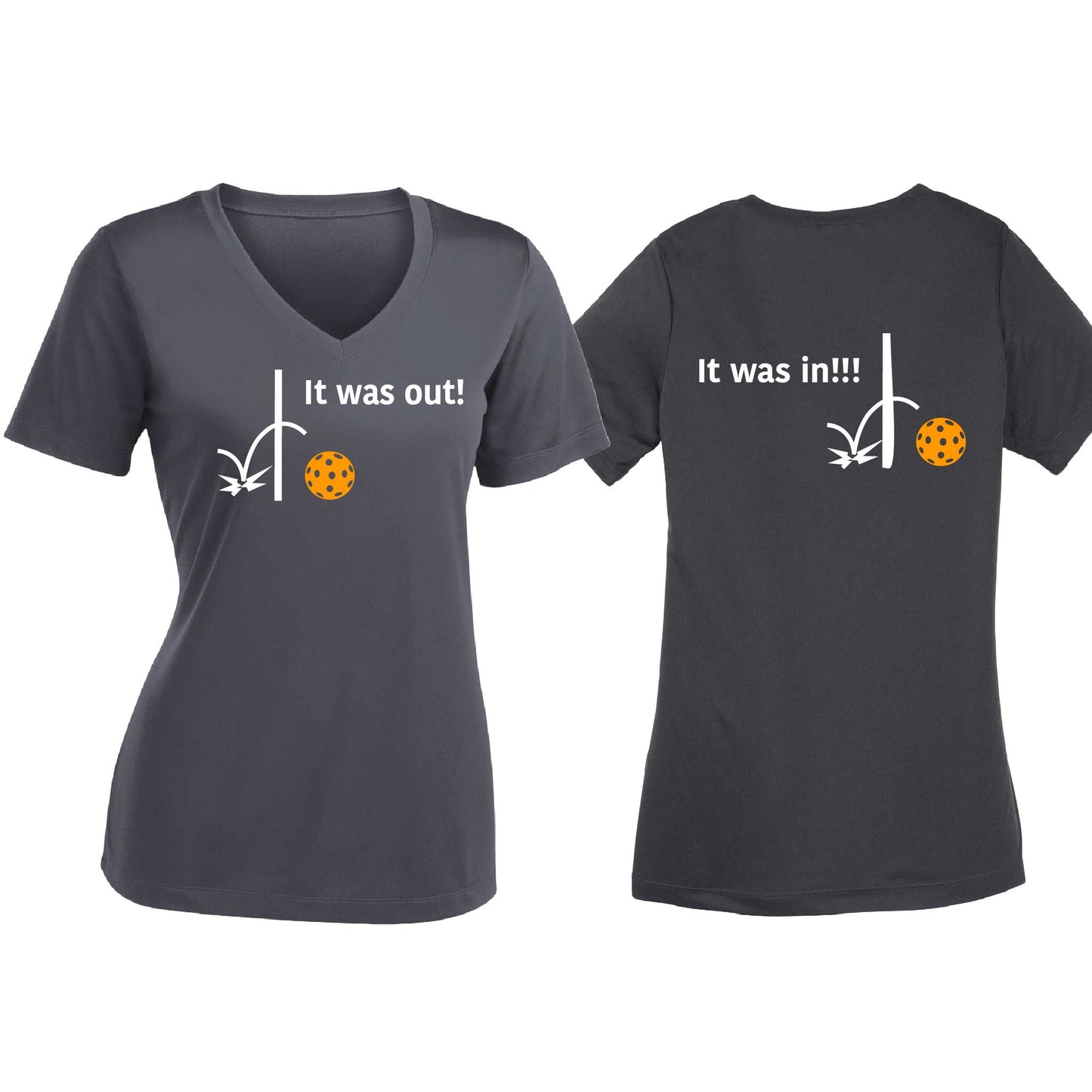 It Was Out! It Was In! (Pickleballs Cyan Green Orange) | Women's Short Sleeve V-Neck Pickleball T-Shirts | 100% Polyester