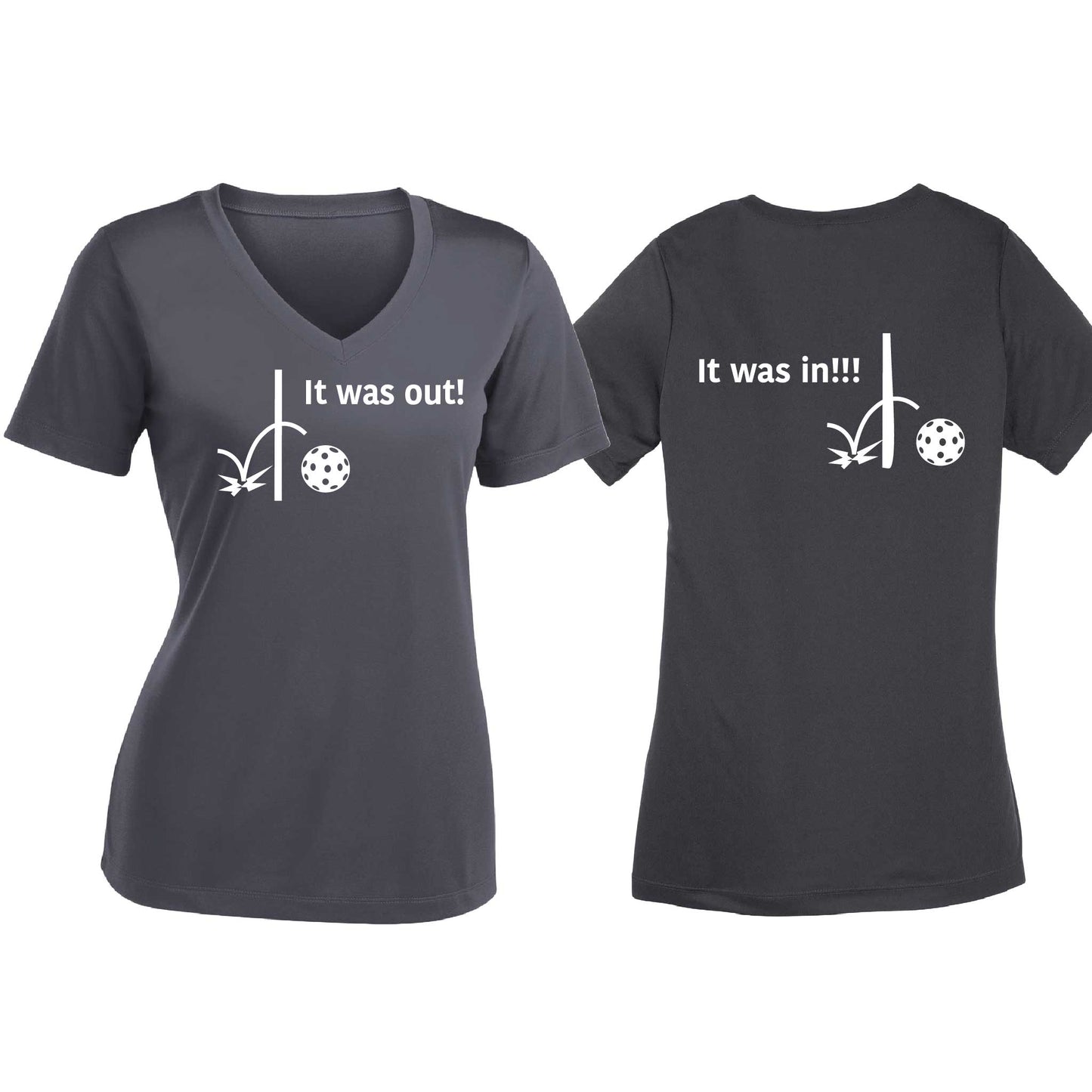 It Was Out! It Was In! (Pickleballs Red White Yellow) | Women's Short Sleeve V-Neck Pickleball T-Shirts | 100% Polyester