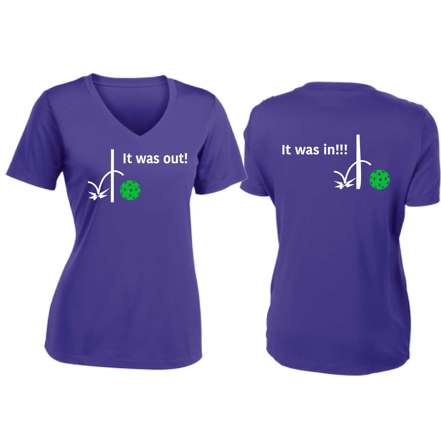 It Was Out! It Was In! (Pickleballs Cyan Green Orange) | Women's Short Sleeve V-Neck Pickleball T-Shirts | 100% Polyester
