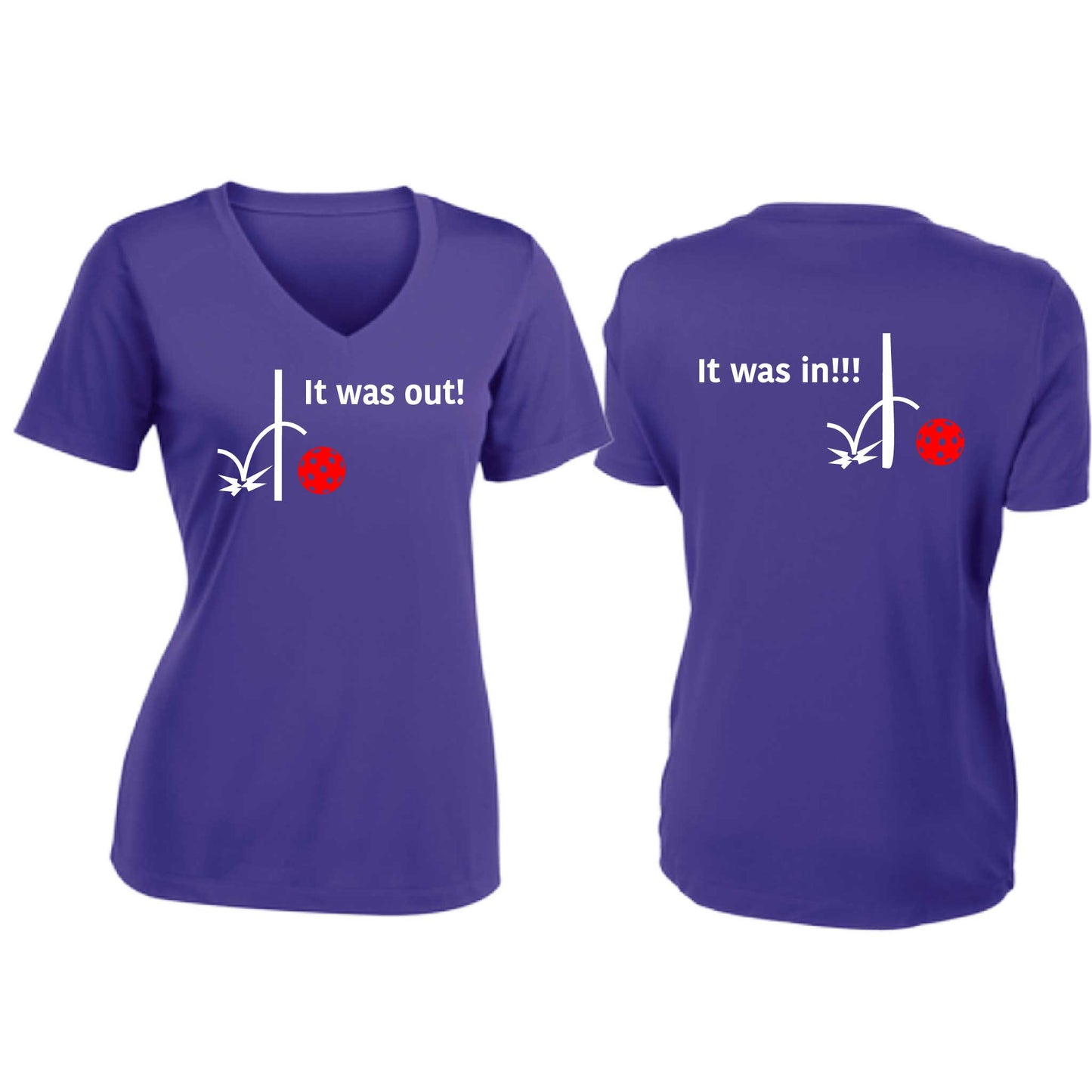 It Was Out! It Was In! (Pickleballs Red White Yellow) | Women's Short Sleeve V-Neck Pickleball T-Shirts | 100% Polyester