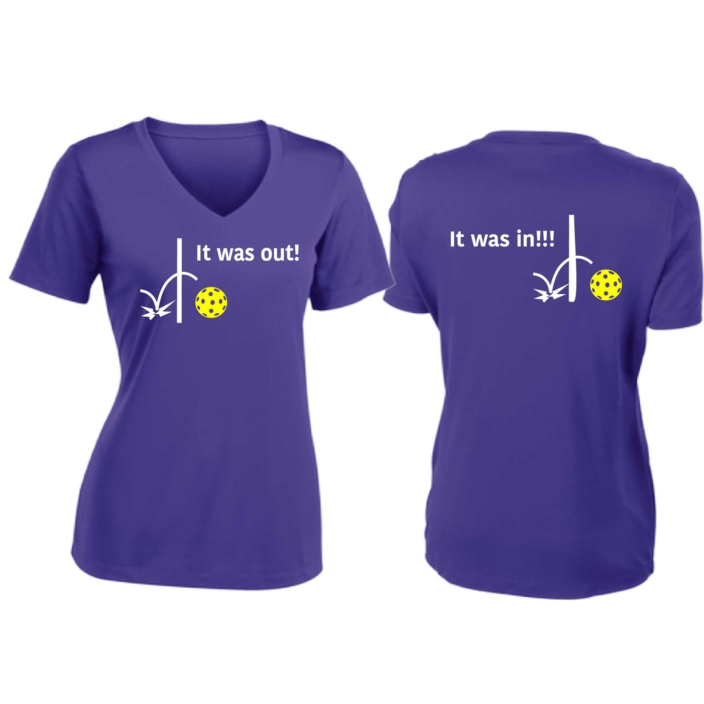 It Was Out! It Was In! (Pickleballs Red White Yellow) | Women's Short Sleeve V-Neck Pickleball T-Shirts | 100% Polyester