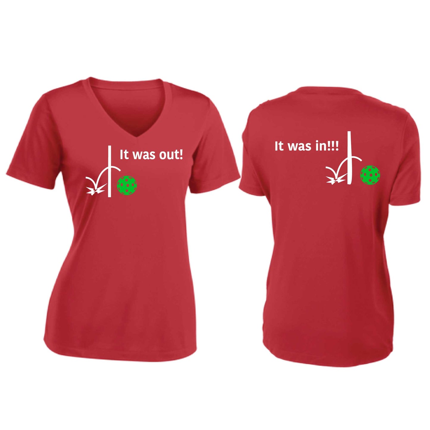It Was Out! It Was In! (Pickleballs Cyan Green Orange) | Women's Short Sleeve V-Neck Pickleball T-Shirts | 100% Polyester
